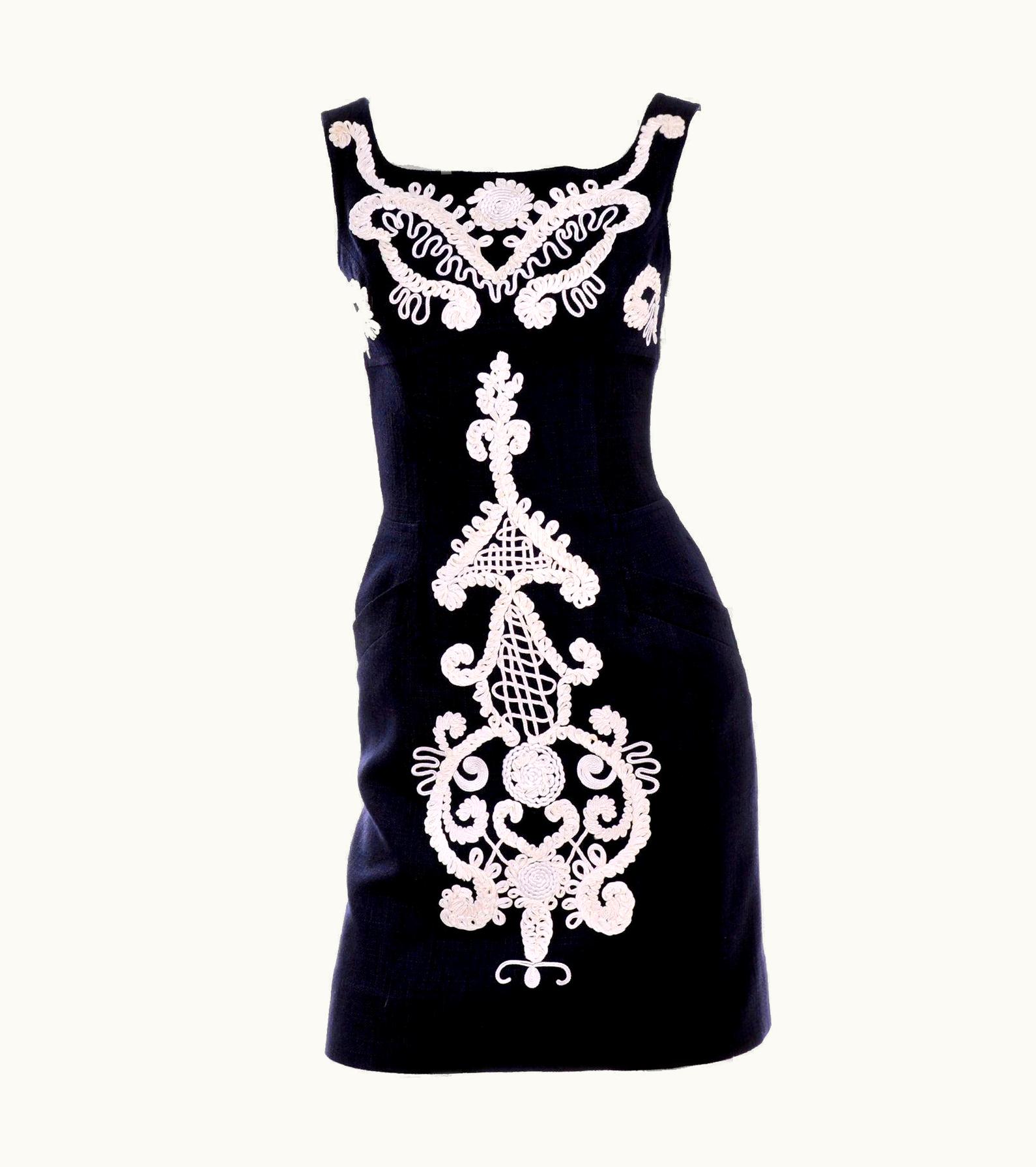 Christian Lacroix 1993 Christian Lacroix Vintage Midnight Blue Dress WS/S White Soutache Embroidery