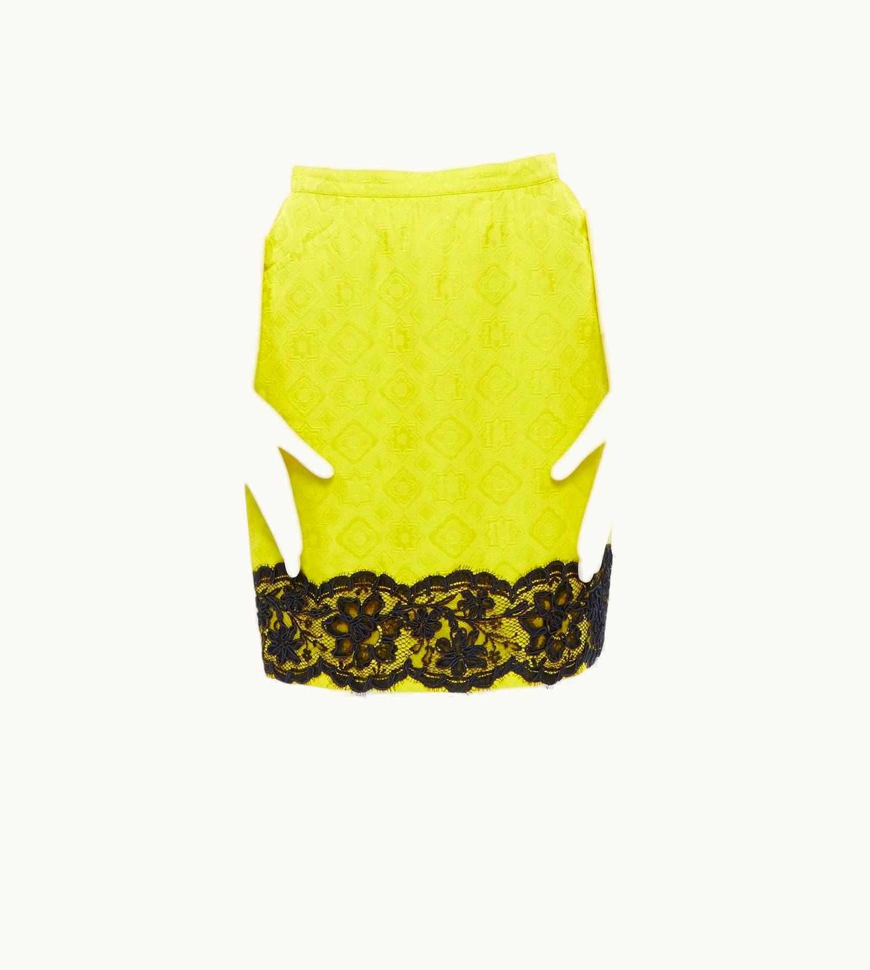 Christian Lacroix Christian Lacroix Yellow Cotton Floral Jacquard Black Lace Pencil Skirt UZ0597898