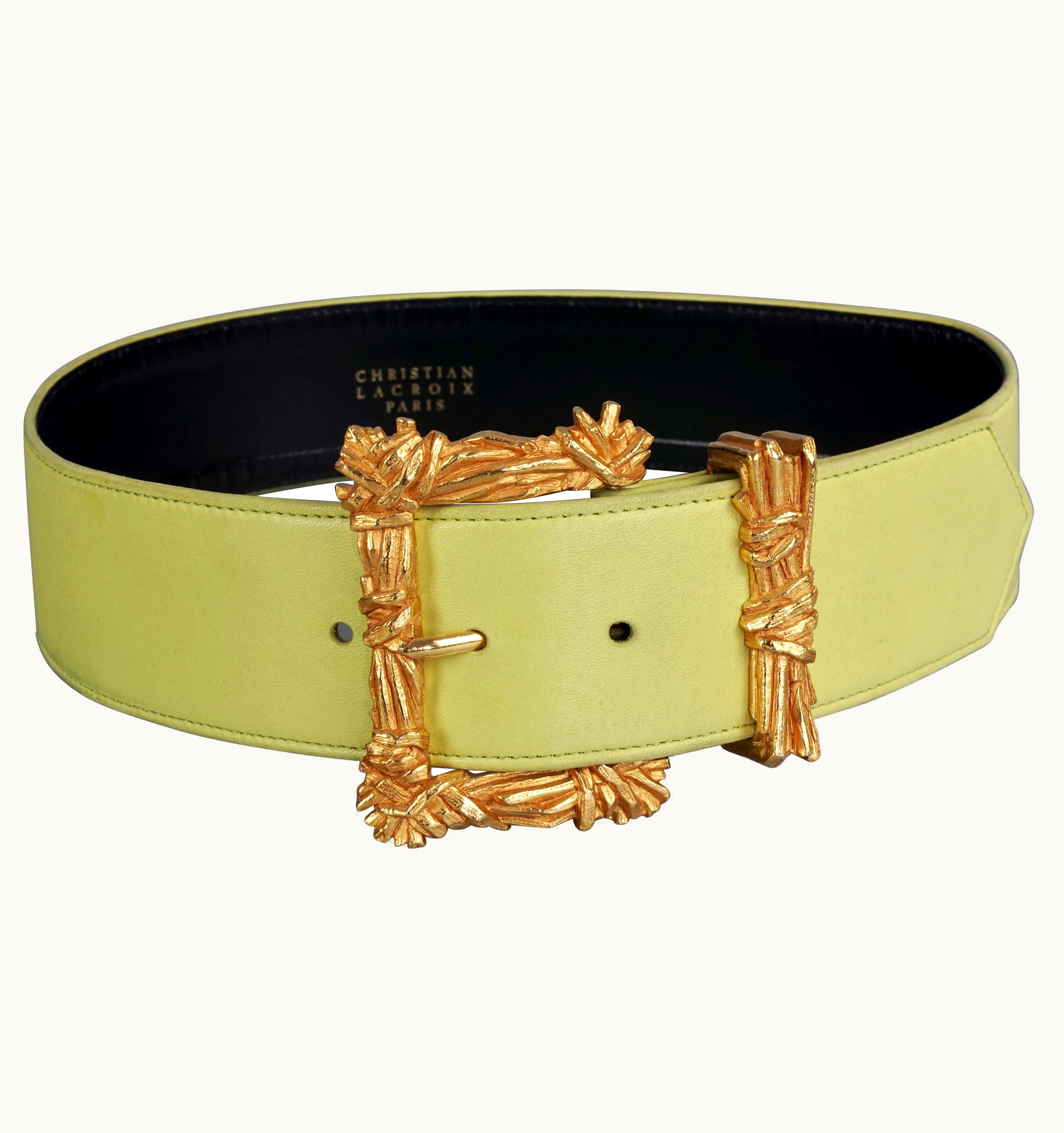 Christian Lacroix Vintage Christian Lacroix Gilt Bundle Sticks Buckle Lime Green Leather Belt