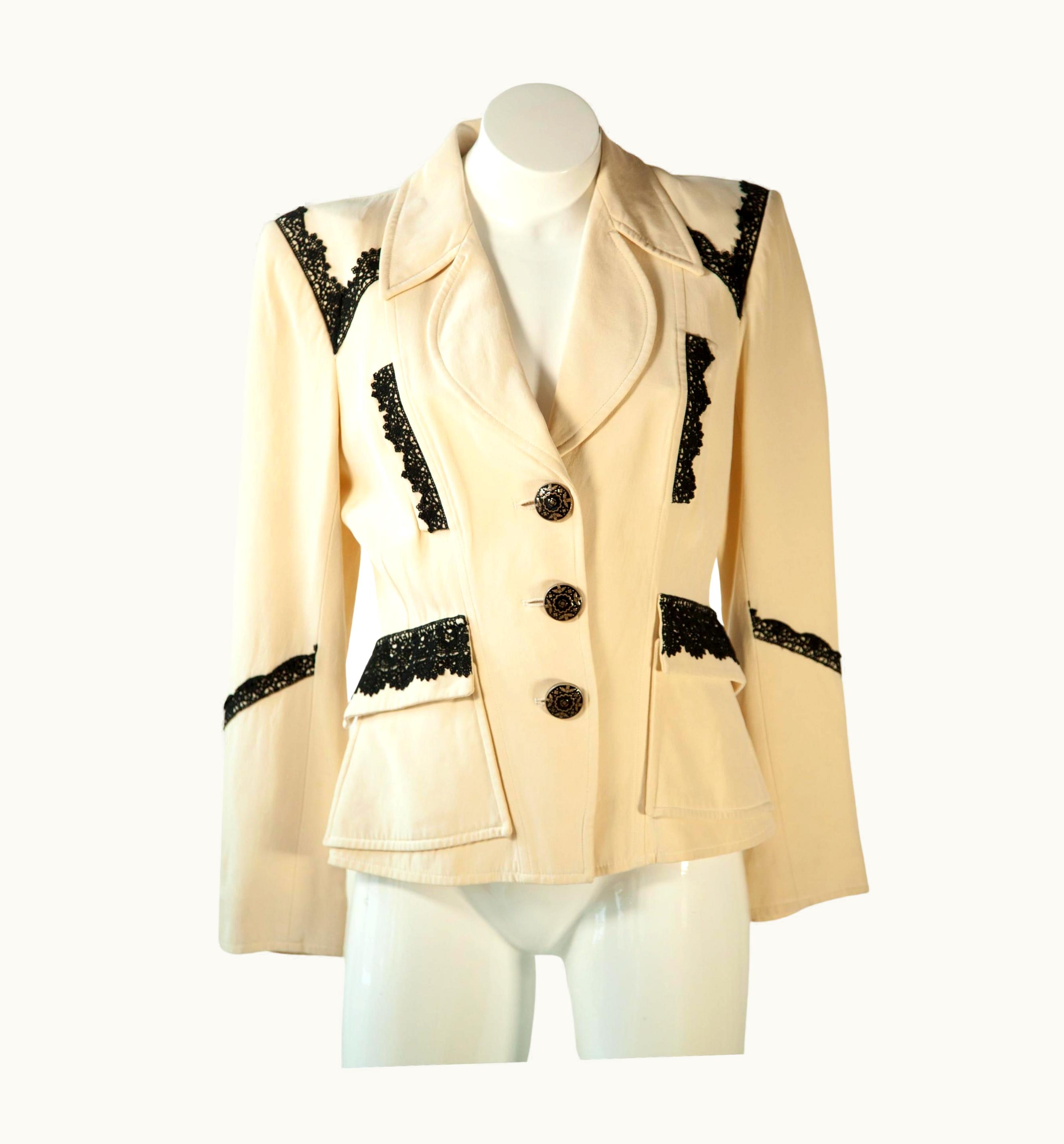 Christian Lacroix Christian Lacroix, Cream, Three-button Blazer, Lace Detail And Trapezoid Pockets