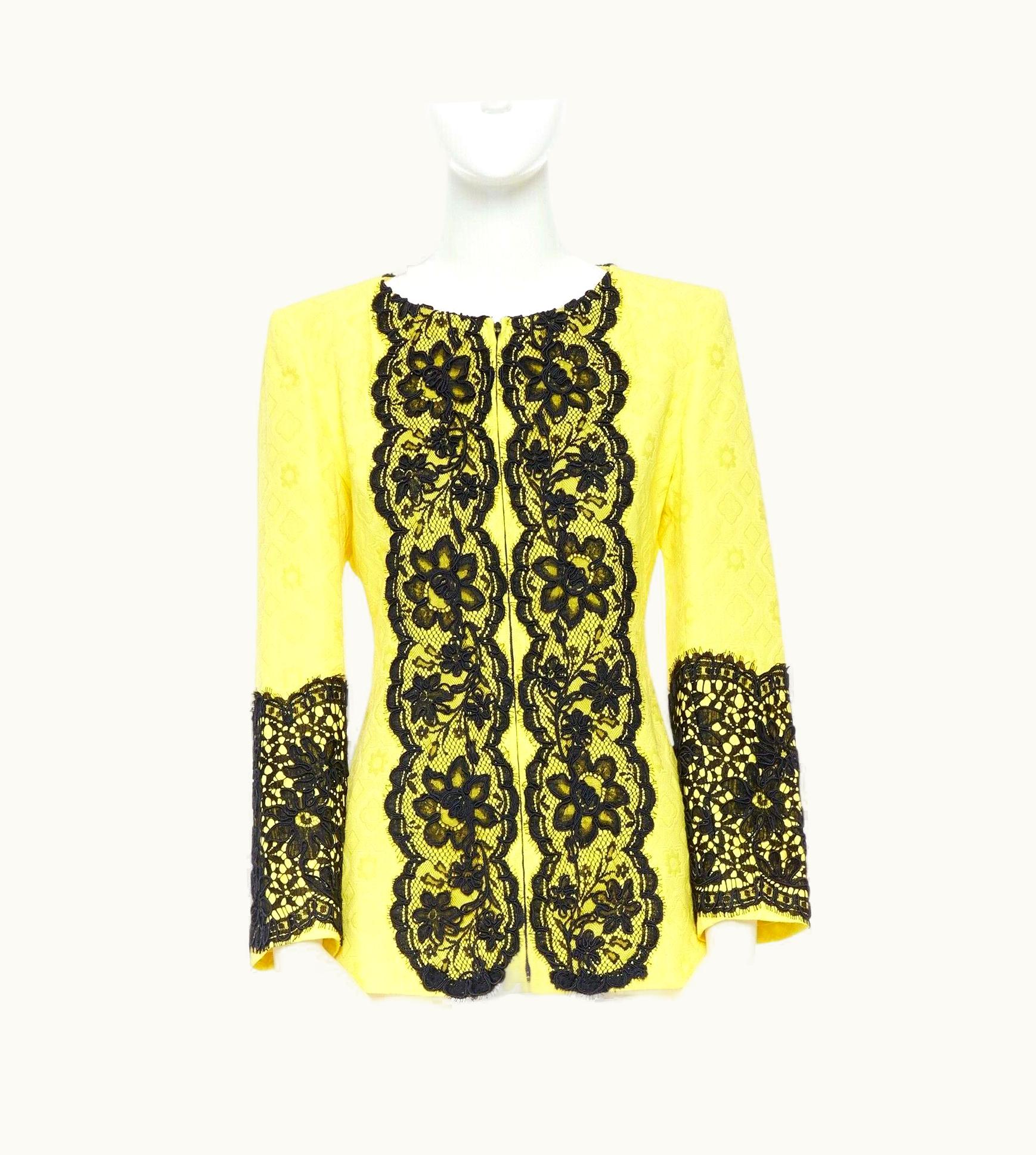 Christian Lacroix Christian Lacroix Yellow Cotton Floral Jacquard Black Lace Padded Jacket UZ0597903