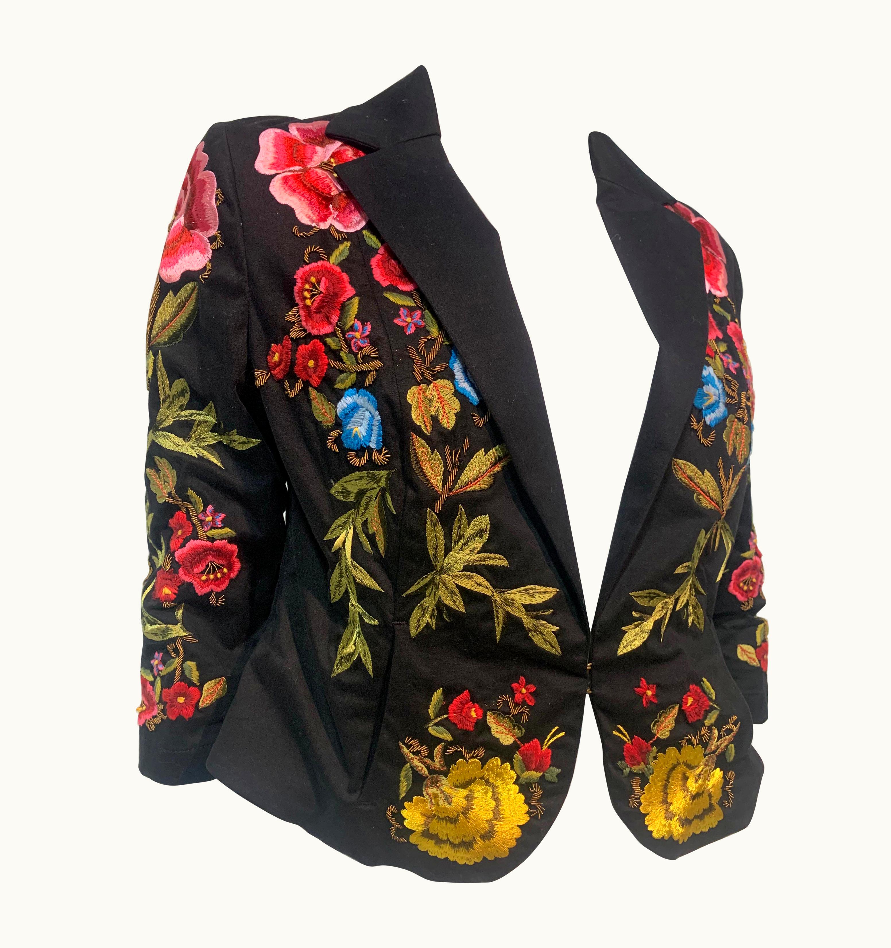 Christian Lacroix 1990s Christian Lacroix Matador-Inspired Black Satin Jacket WS/S Floral Embroidery