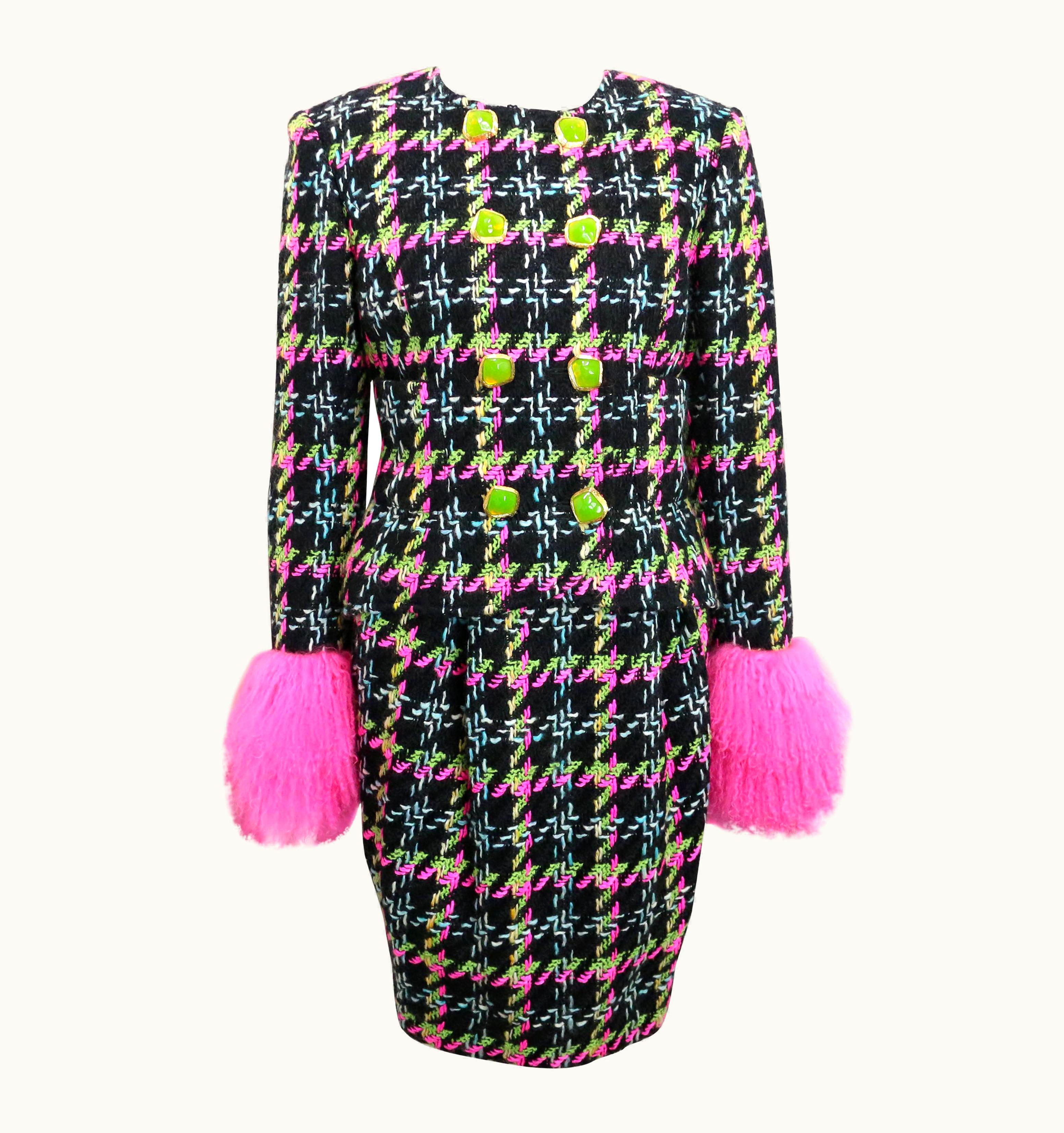 Christian Lacroix Christian Lacroix Double Breasted Houndstooth Tweed Wool Suit And Skirt Ensemble