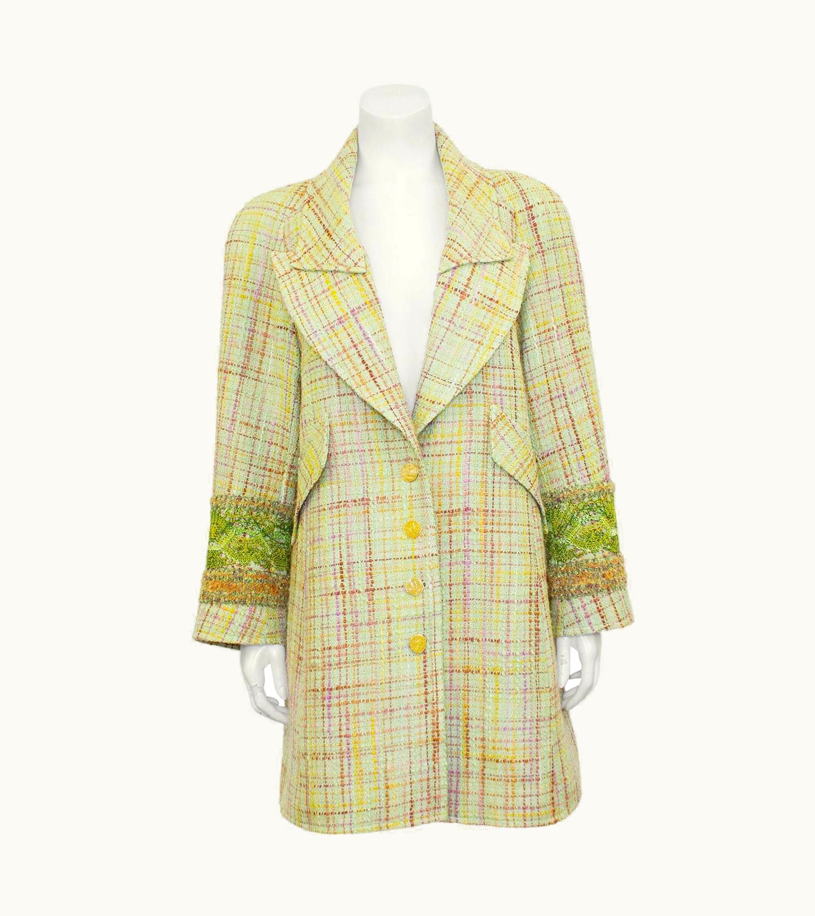 Christian Lacroix 1990s Christian Lacroix Pastel Green Long Tweed Jacket And Skirt Ensemble