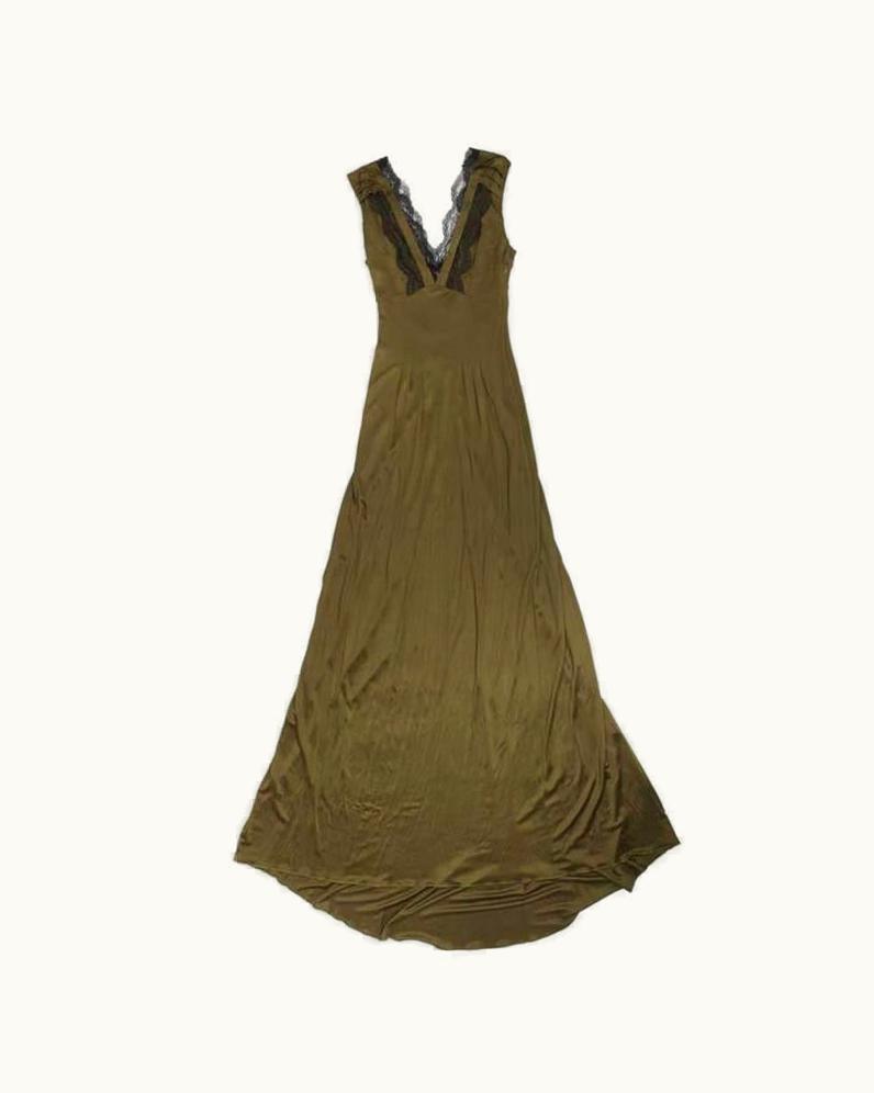 Christian Lacroix Christian Lacroix Evening Gown In Khaki Green Satin Viscose fr