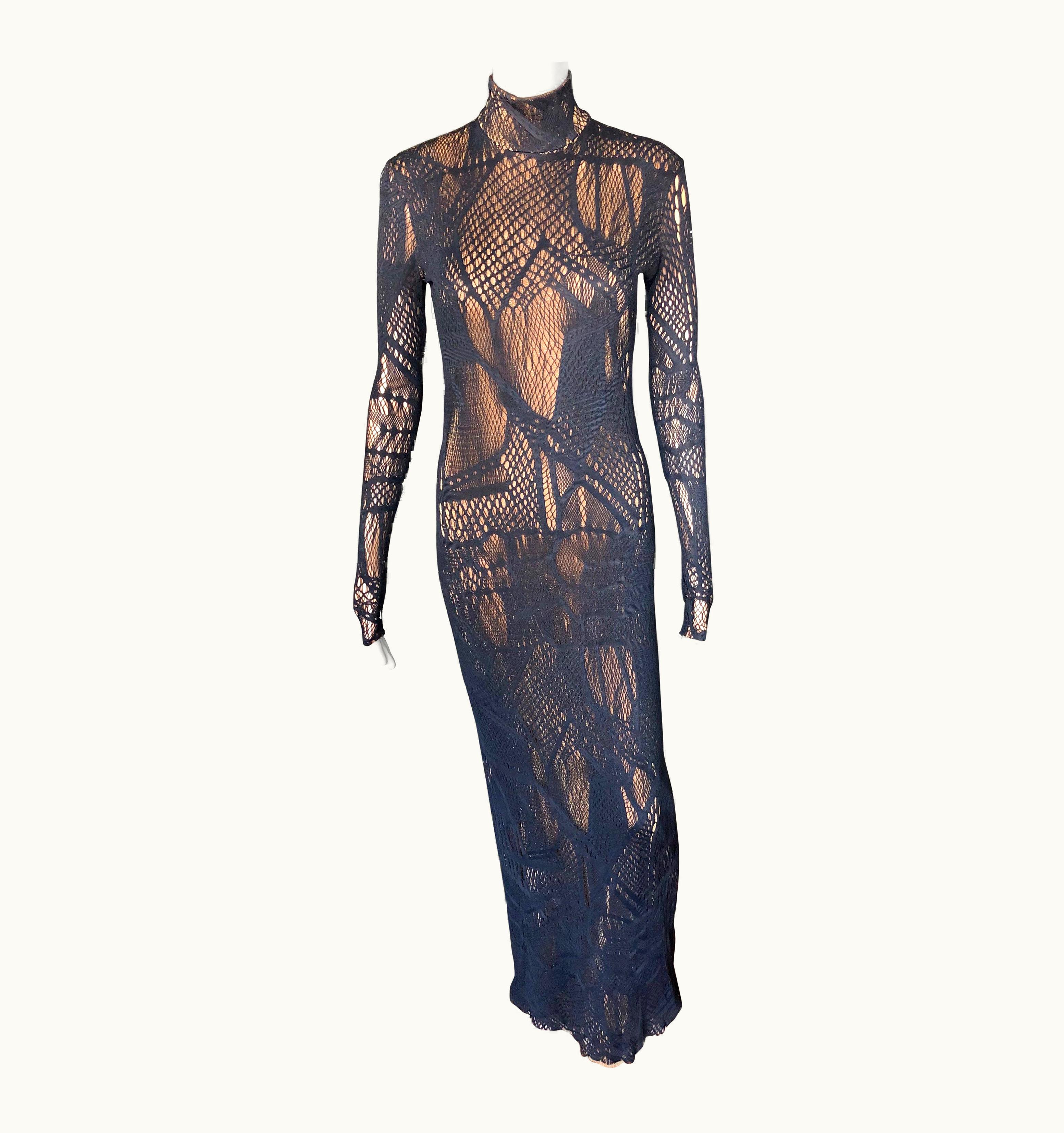 Christian Lacroix Christian Lacroix Vintage Semi-Sheer Mesh Open Knit Fishnet Black Maxi Dress