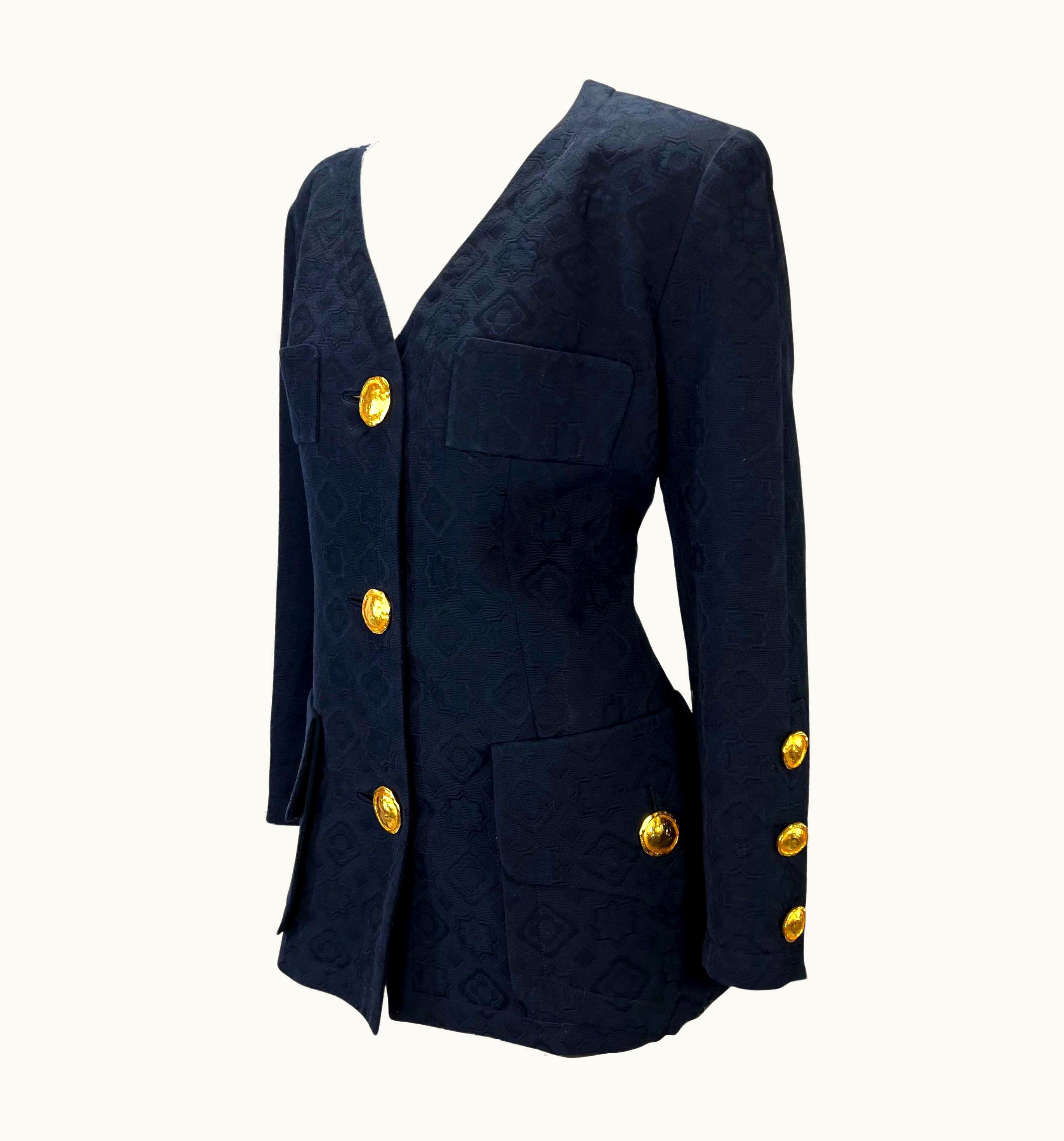 Christian Lacroix Cruise 1993 Christian Lacroix Navy Woven Alhambra Sculpted Button Blazer Jacket