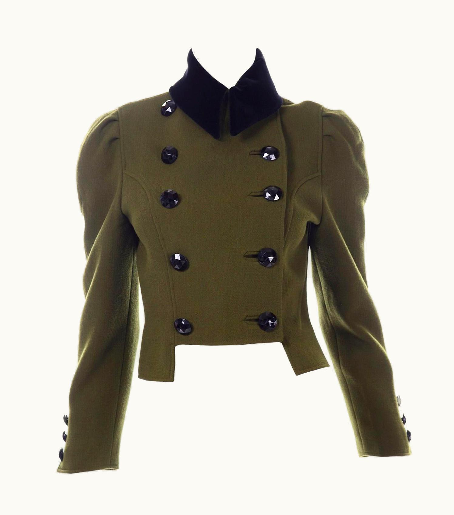 Christian Lacroix 1980s Christian Lacroix Green Wool Double Breasted Jacket WS/S Black Velvet Collar