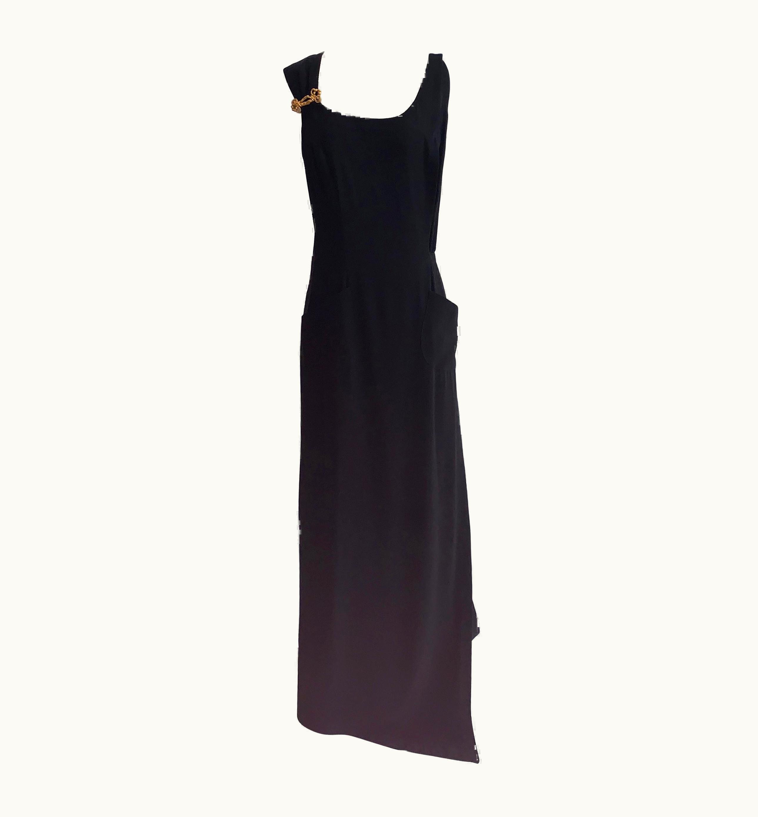 Christian Lacroix Christian Lacroix 1990s Black Gold Accent Pocket Front Maxi Wrap Dress Gown