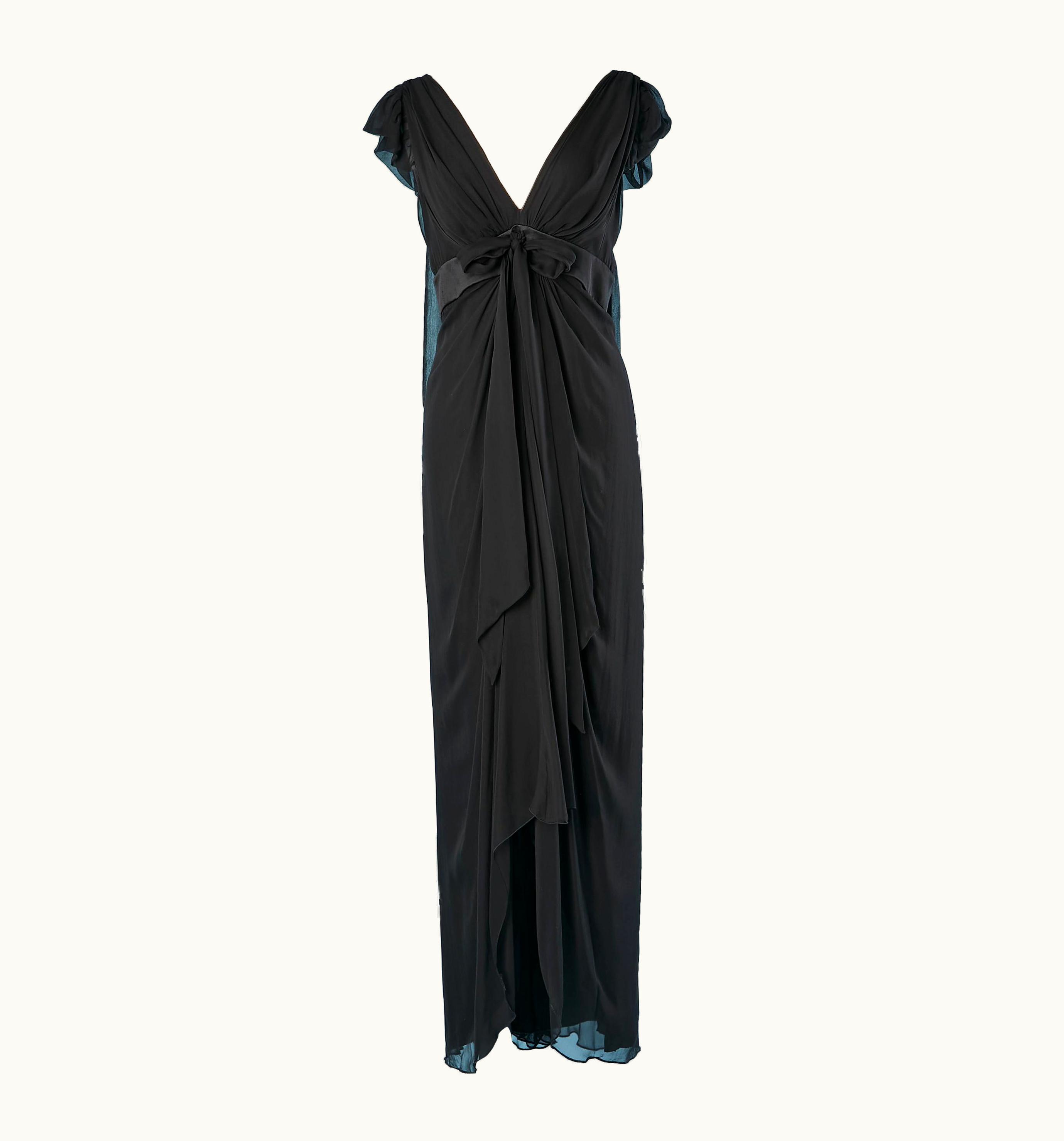 Christian Lacroix Black Drape Evening Dress In Silk Chiffon With Bow Christian Lacroix