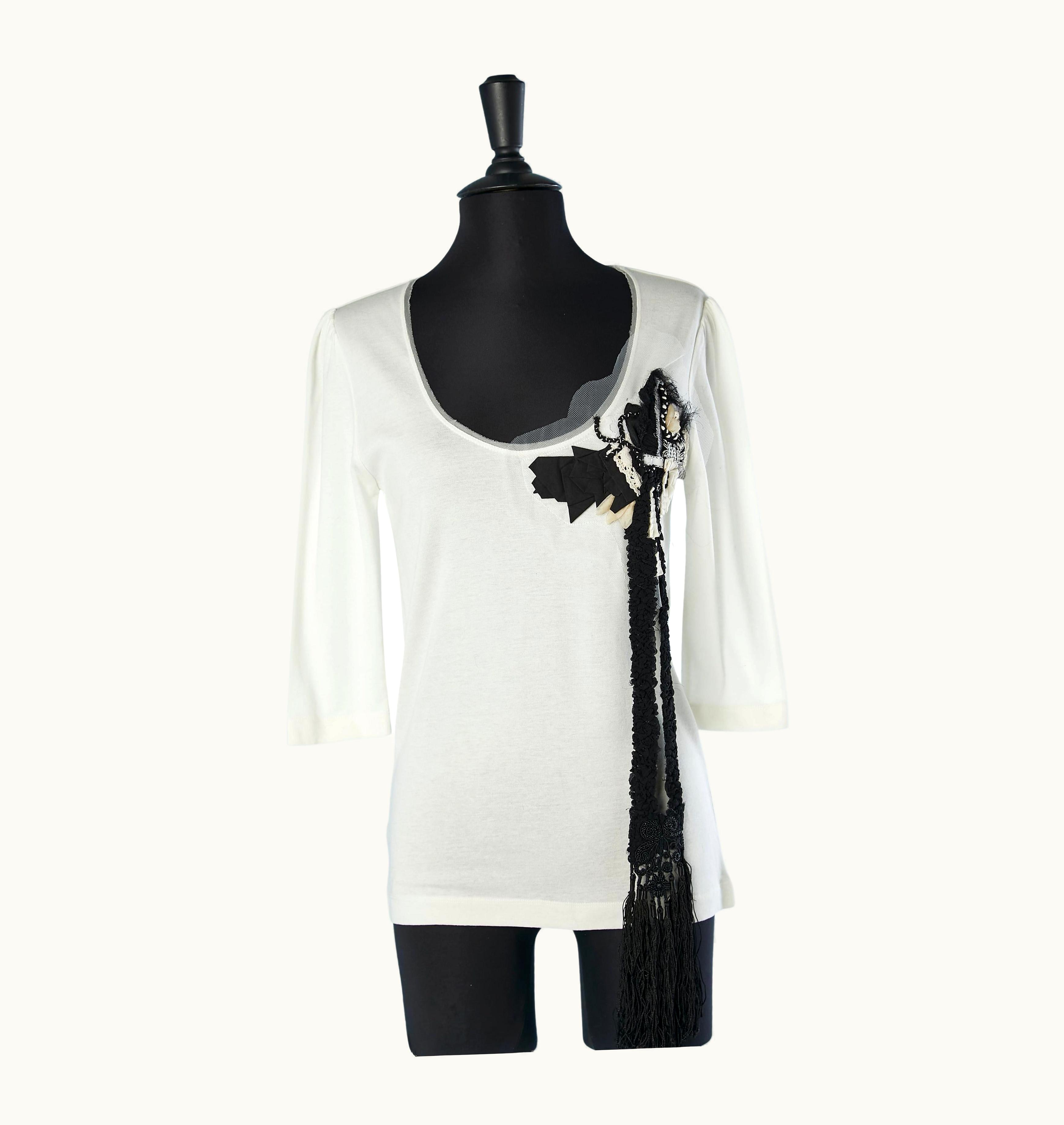 Christian Lacroix White Jersey Tee-shirt With Ribbons And Passementerie Appliqué Christian Lacroix