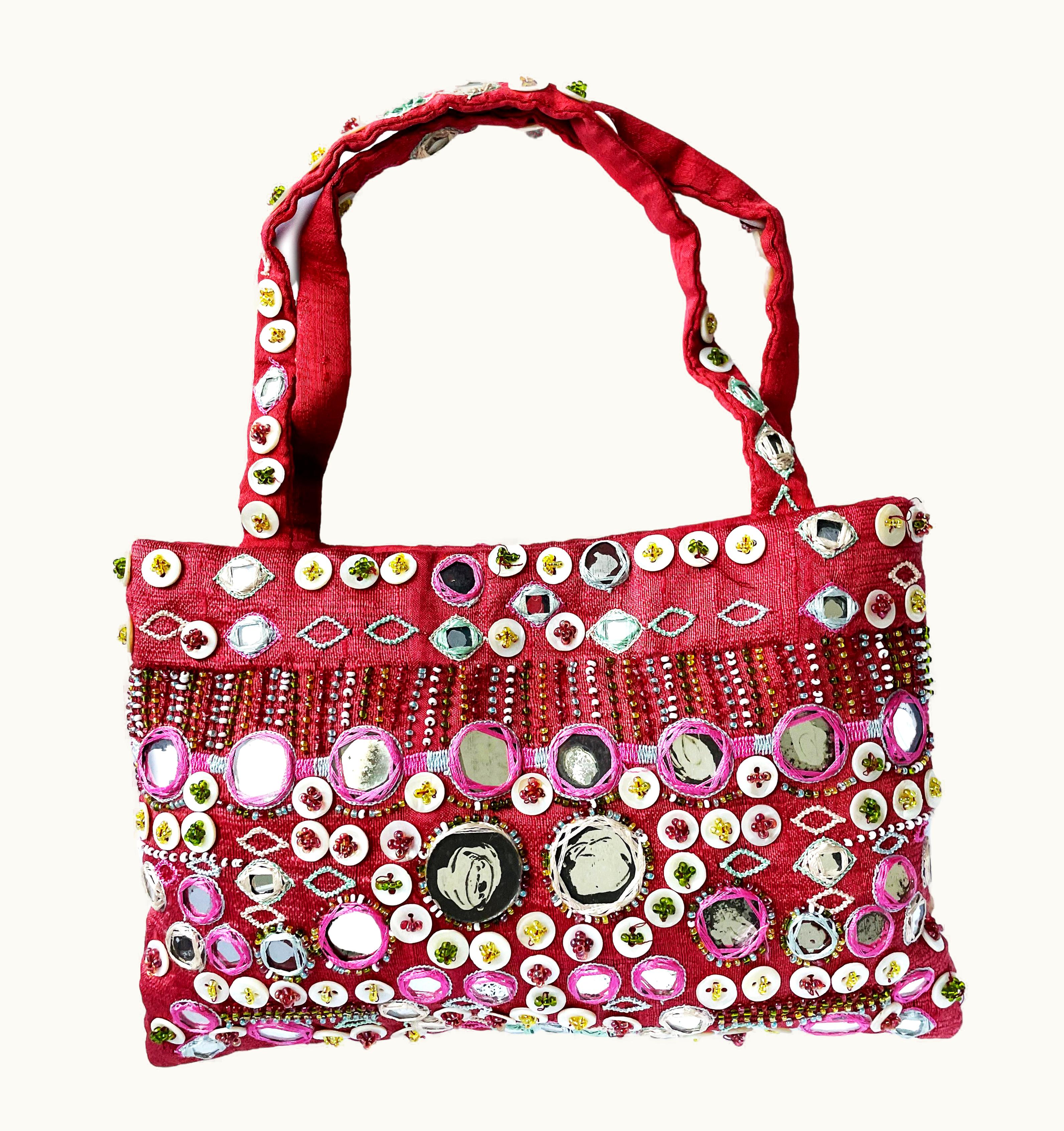 Christian Lacroix Christian Lacroix Bazar Bag Red Silk Tote Beaded Mirrors Evening Vintage 90s