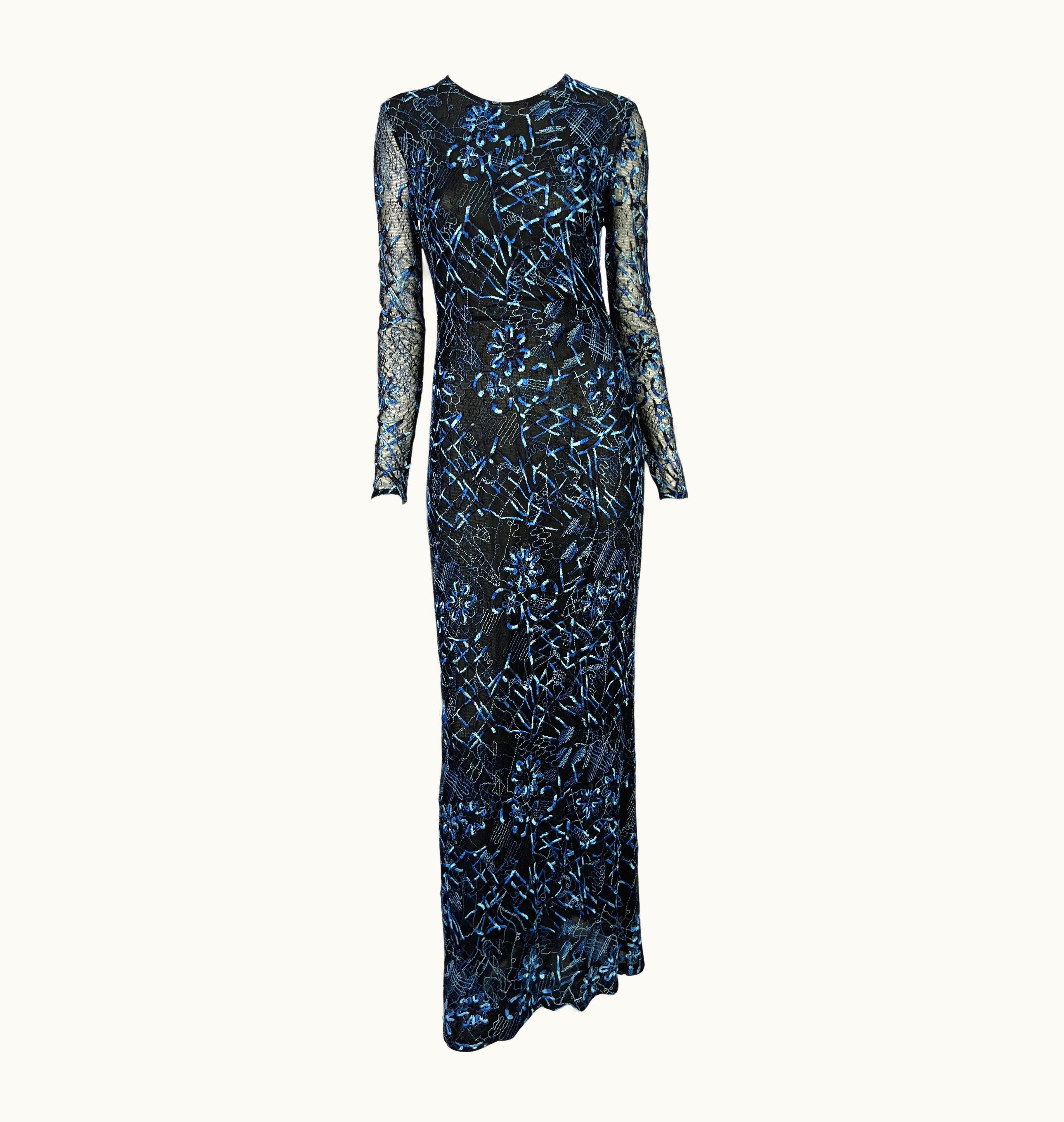 Christian Lacroix 1990s Christian Lacroix Black Stretch Sheer Mesh Blue Embroidered Maxi Dress