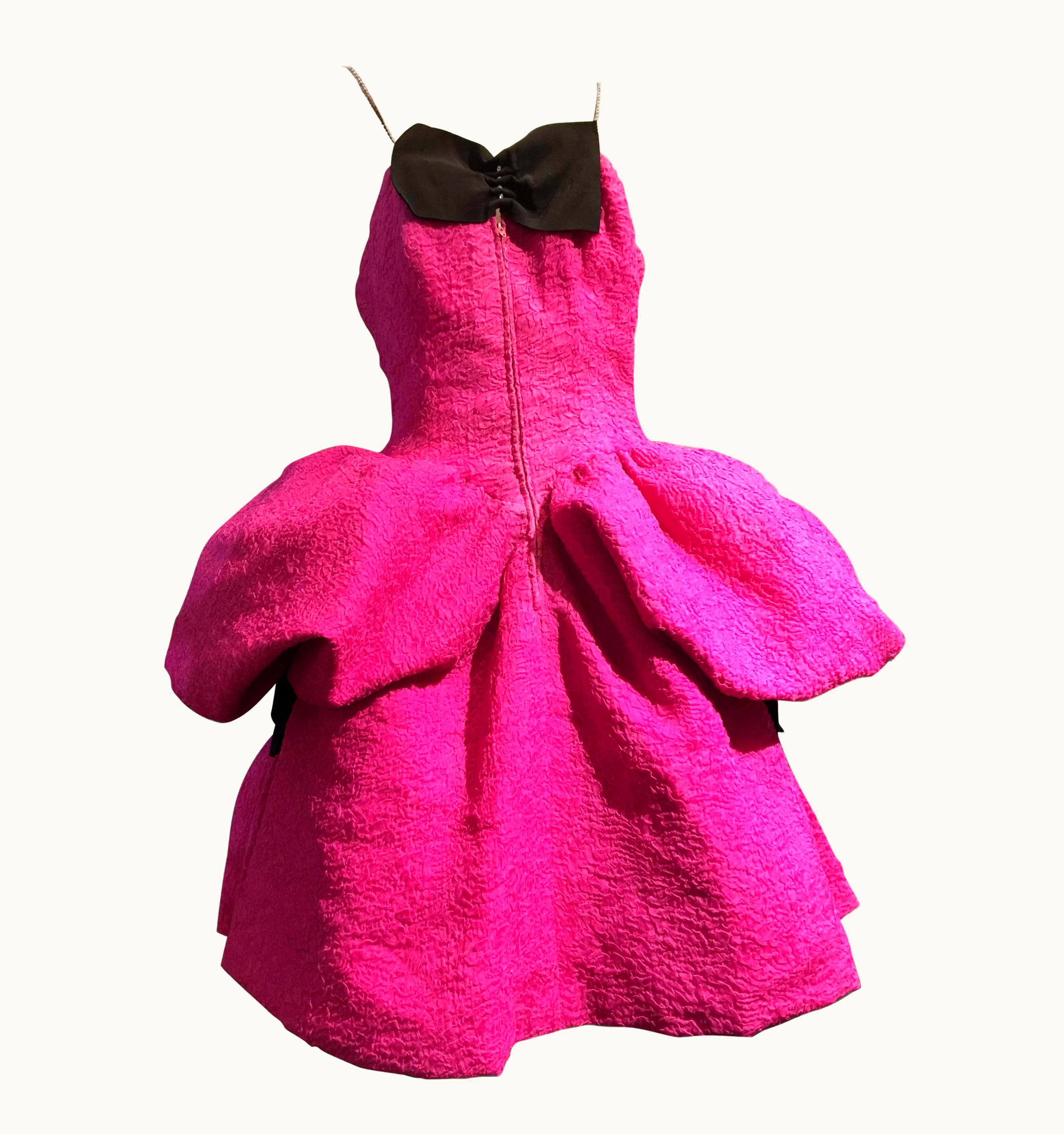 Christian Lacroix 1980s Iconic Christian Lacroix Hot Pink Textured Silk Pouf Dress W Side Panels