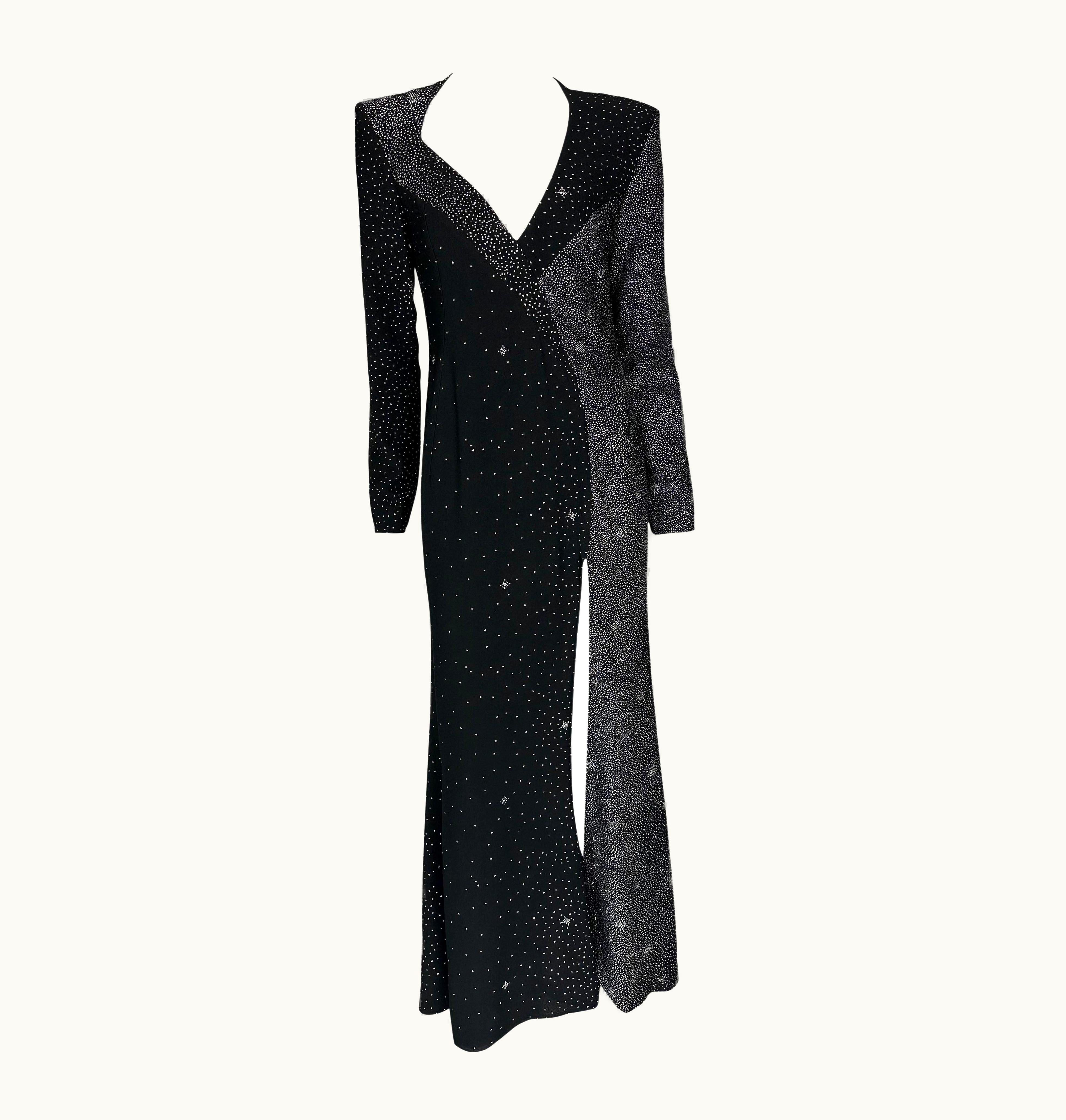 Christian Lacroix AW 1998 Christian Lacroix Runway Black Glitter Starry Asymmetric High Slit Gown