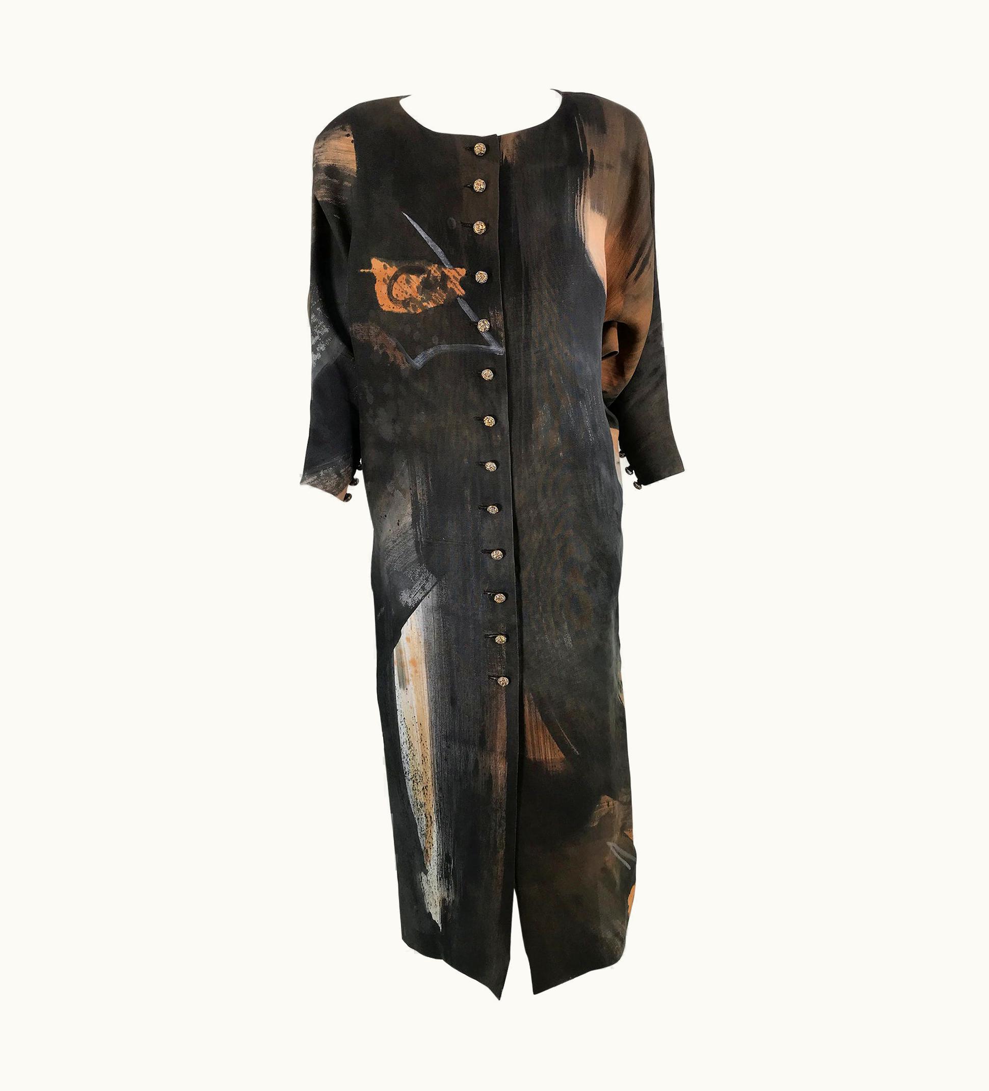 Christian Lacroix Christian Lacroix Painted Silk Button Front Bat Wing Dress 1980s