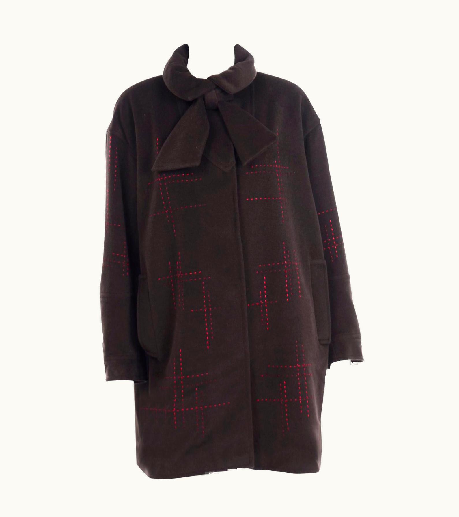 Christian Lacroix Christian Lacroix Vintage Brown Wool Coat With Red Topstitching And Neck Bow Tie