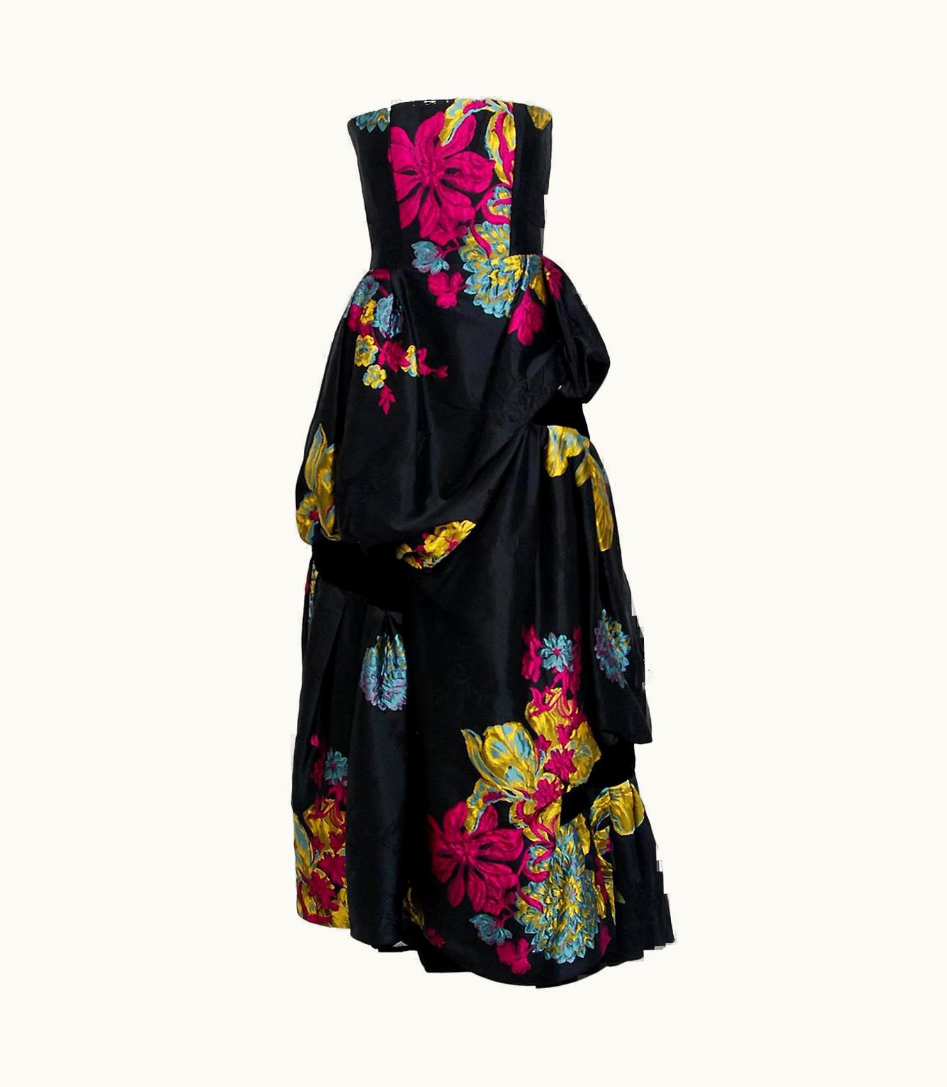 Christian Lacroix 1999 Christian Lacroix Runway Floral Silk Brocade Strapless High Low Bustle Gown