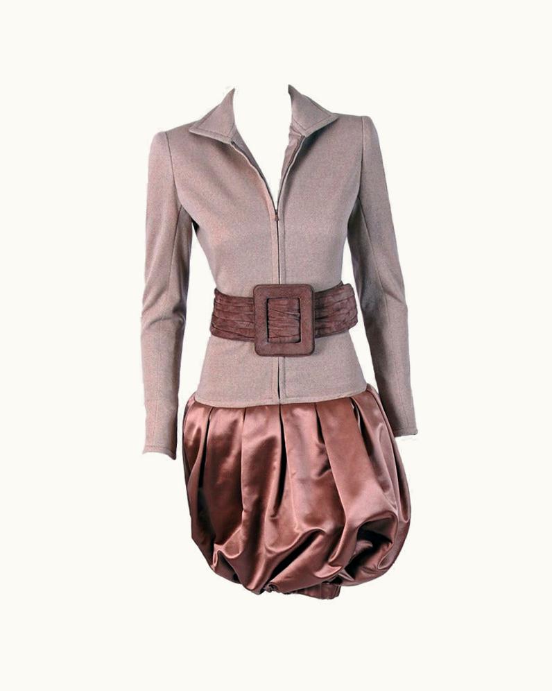 1990' Christian Lacroix Haute-Couture Satin & Wool Belted Puff Dress Romper