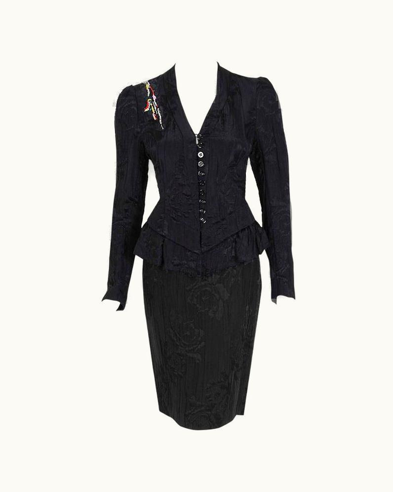 1990' Christian Lacroix Beaded Black Textured-Silk Peplum Hourglass Dress Suit