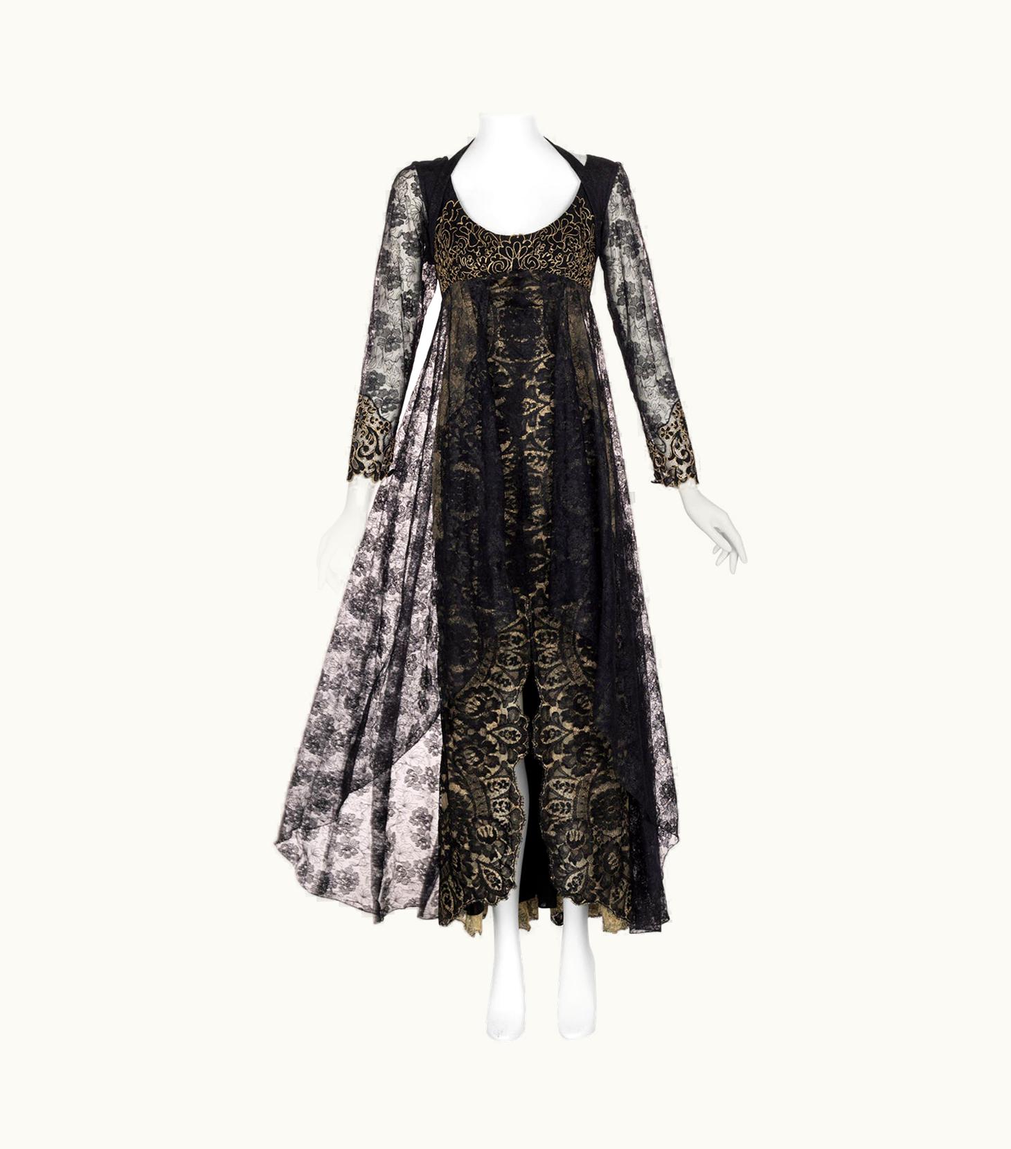 Christain Lacroix Black & Gold Lace Layered Dress, 1990s