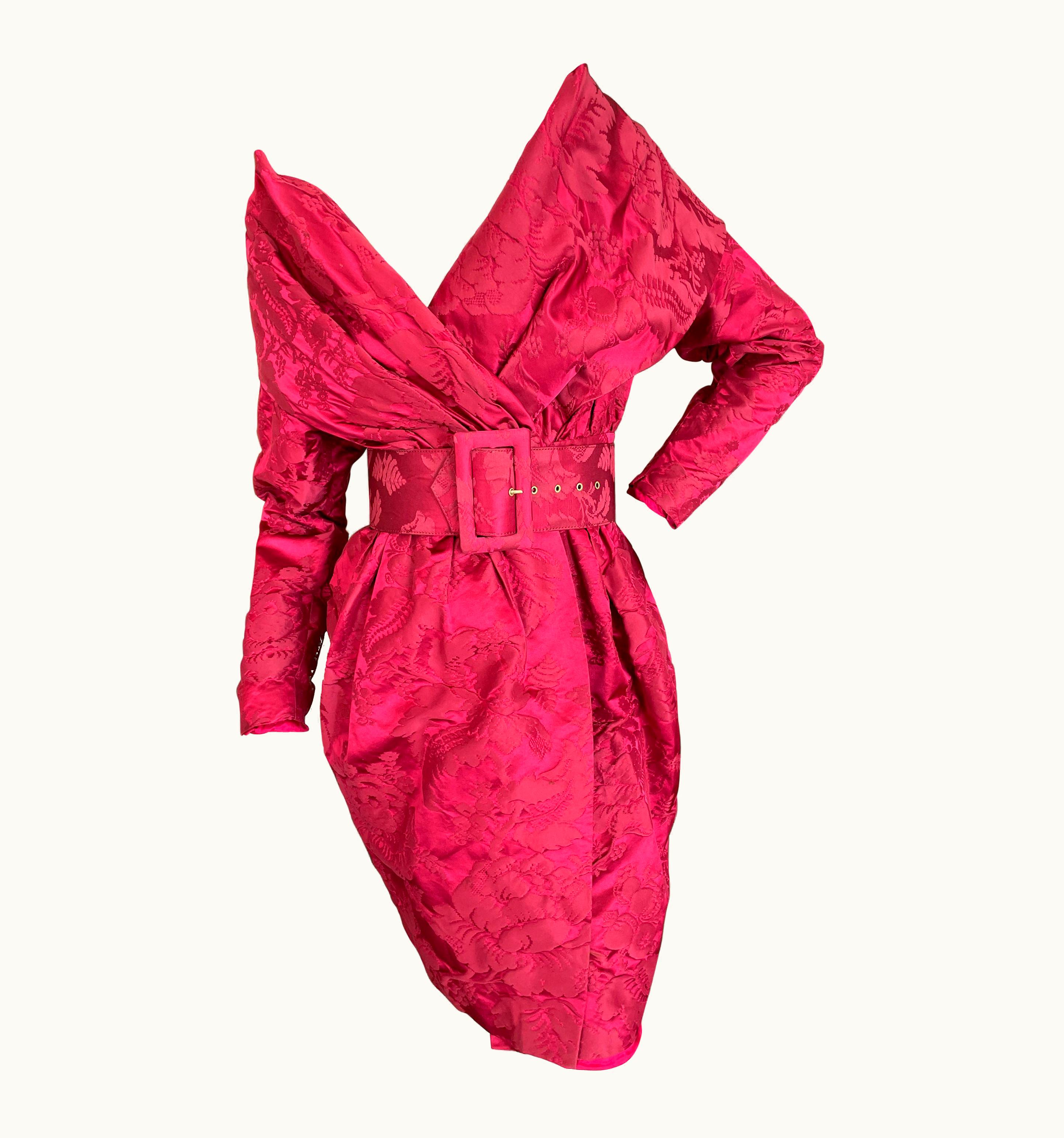 Christian Lacroix Luxe Collection Fall 1988 Vermillion Jacquard Belted Dress