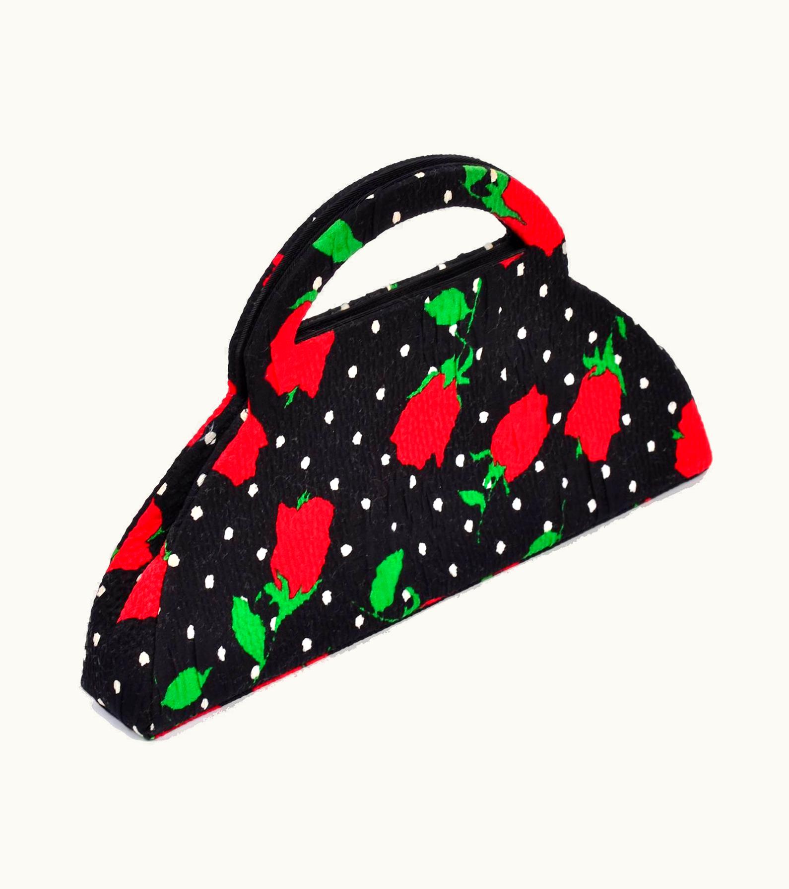 Christian Lacroix 1988 Christian LaCroix Handbag In Red Roses & White Polka Dots On Black Fabric