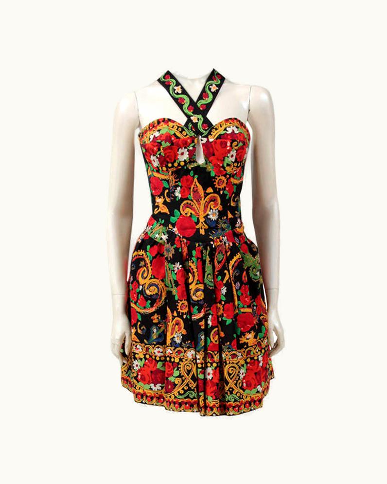 Christian Lacroix Documented Christian Lacroix Cotton & Rhinestone Print Dress, Spring-Summer 1992