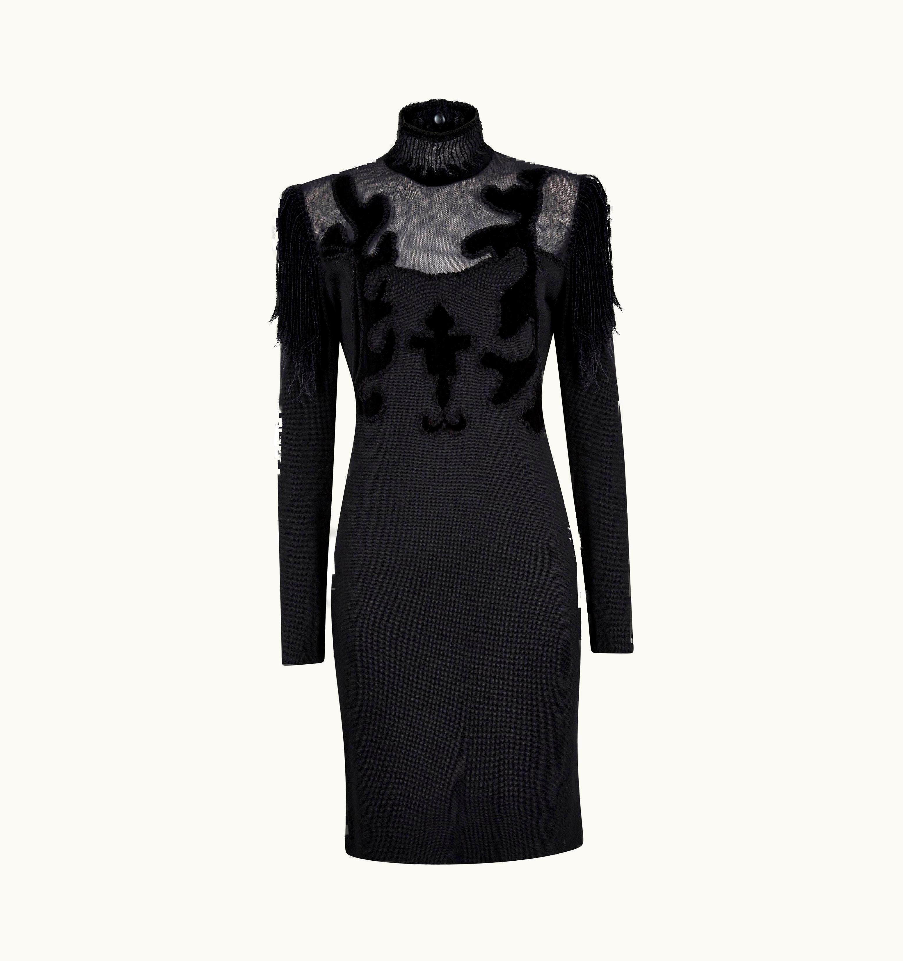 Christian Lacroix 1990s Christian Lacroix Black Wool Jersey And Net Gown With Velvet Inserts