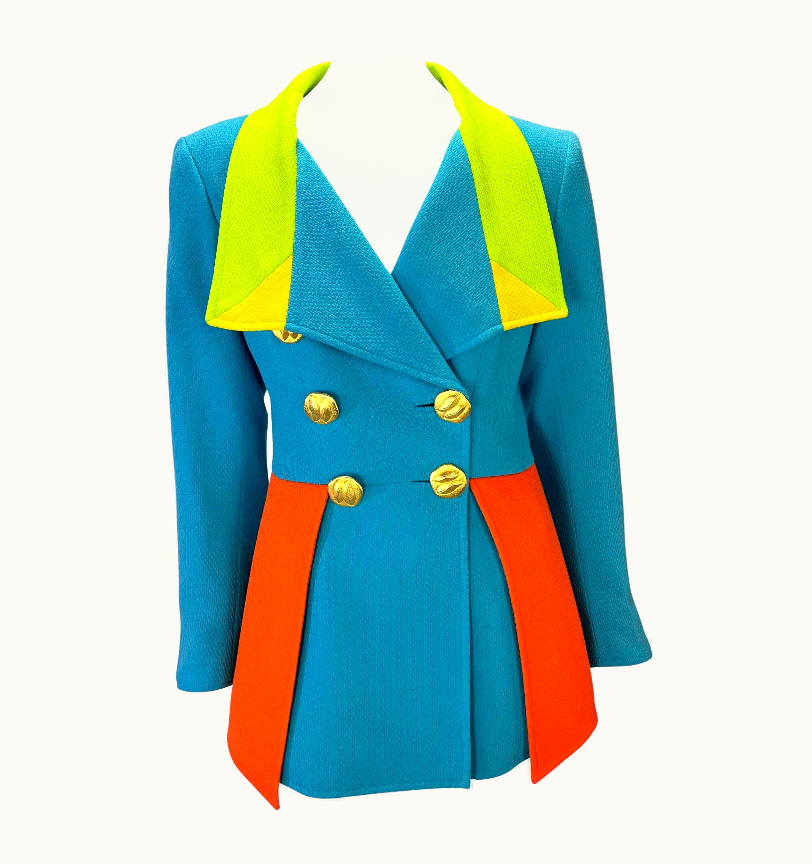 Christian Lacroix S/S 1993 Christian Lacroix Blue Color Block Double Breasted Jacket