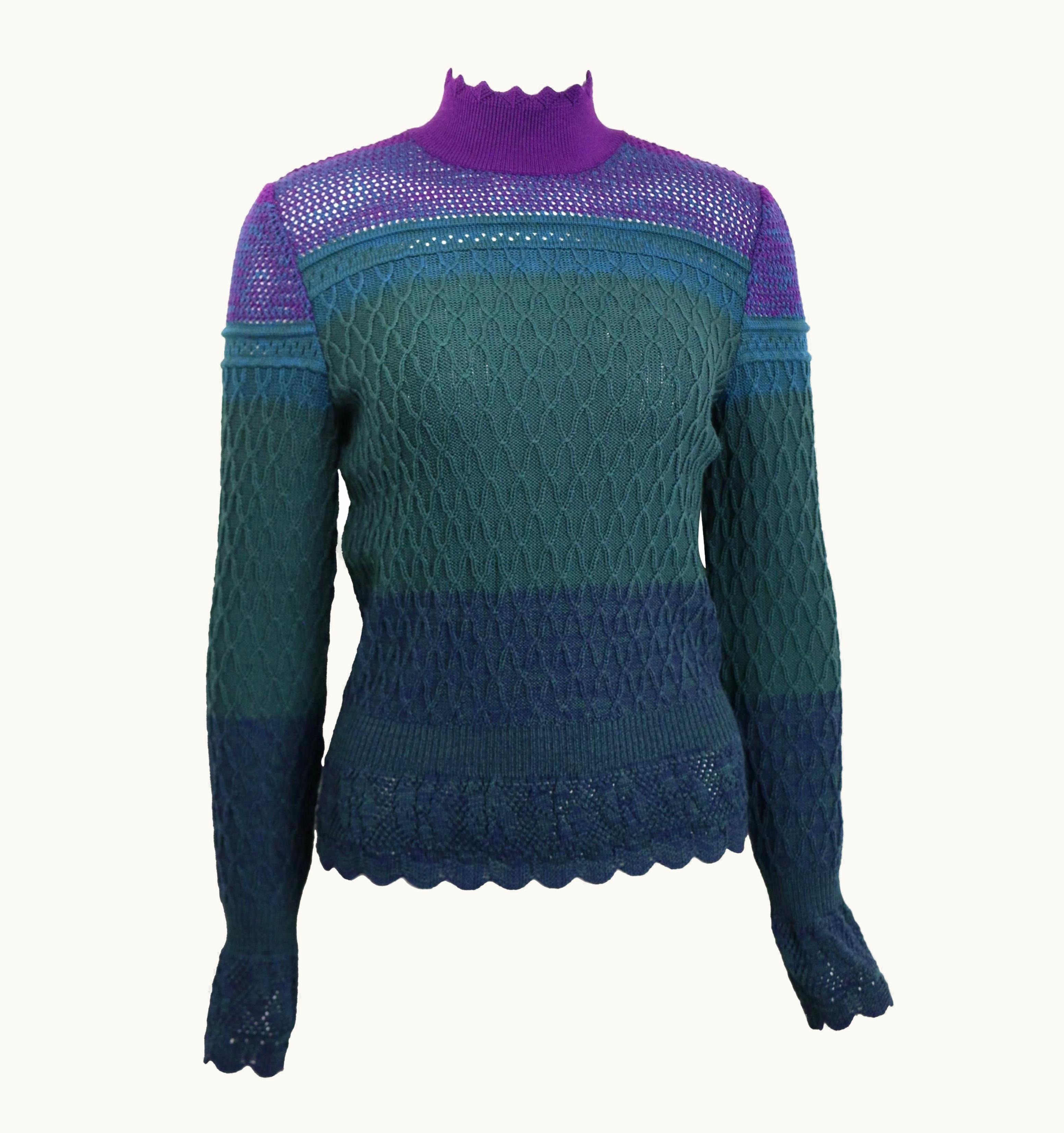 Christian Lacroix Christian Lacroix Purple/Green/Blue Knitted Pattern Wool Mock Neck Top