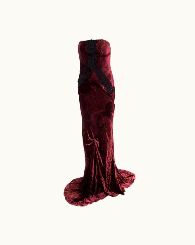 Christian Lacroix Christian Lacroix Burgundy Velvet Cord Embroidered Strapless Evening Gown