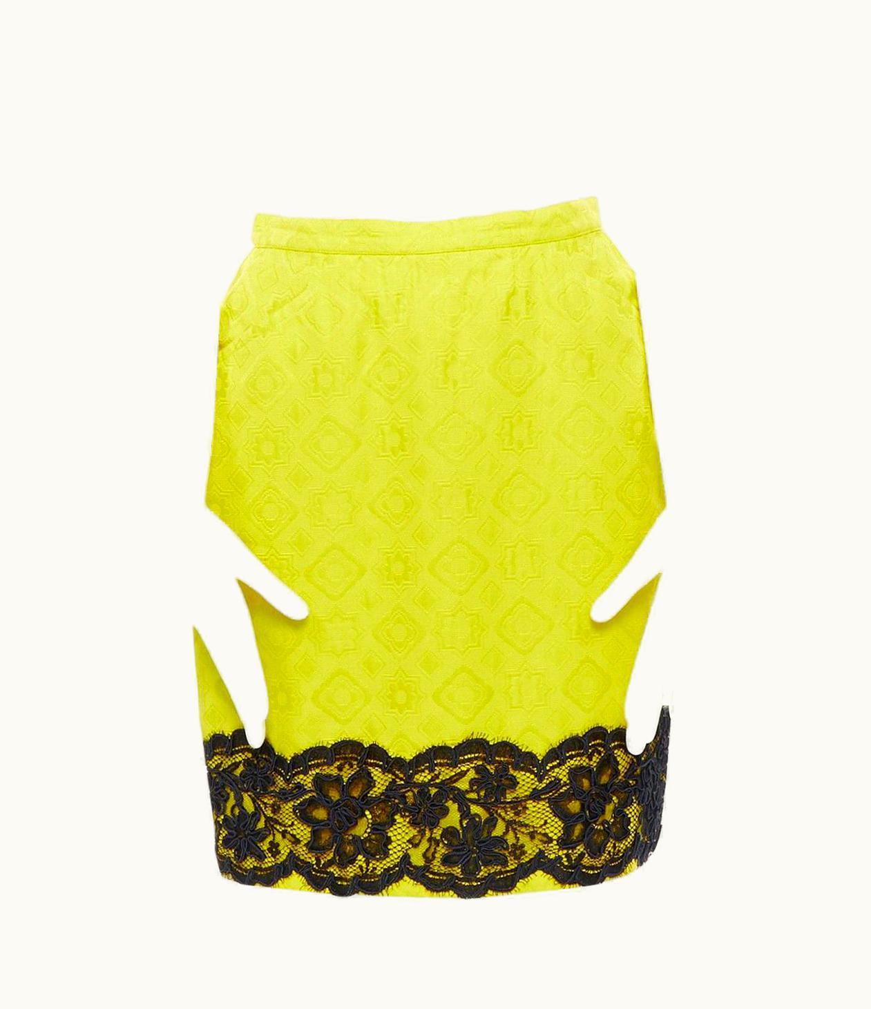 Christian Lacroix Christian Lacroix Yellow Cotton Floral Jacquard Black Lace Pencil Skirt UZ0598156