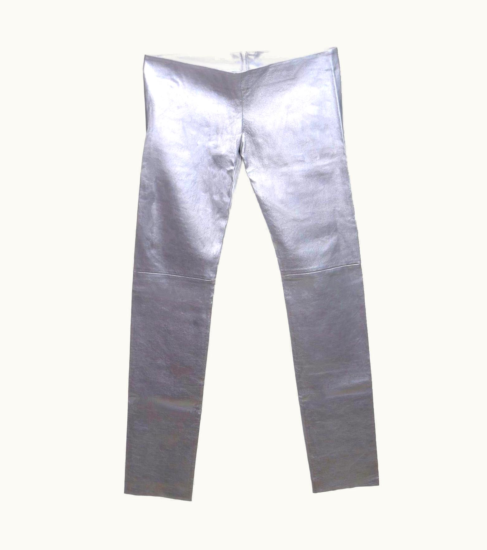 Jean-Claude Jitrois Jitrois Platinum Metallic Stretch Leather Pants Leggings