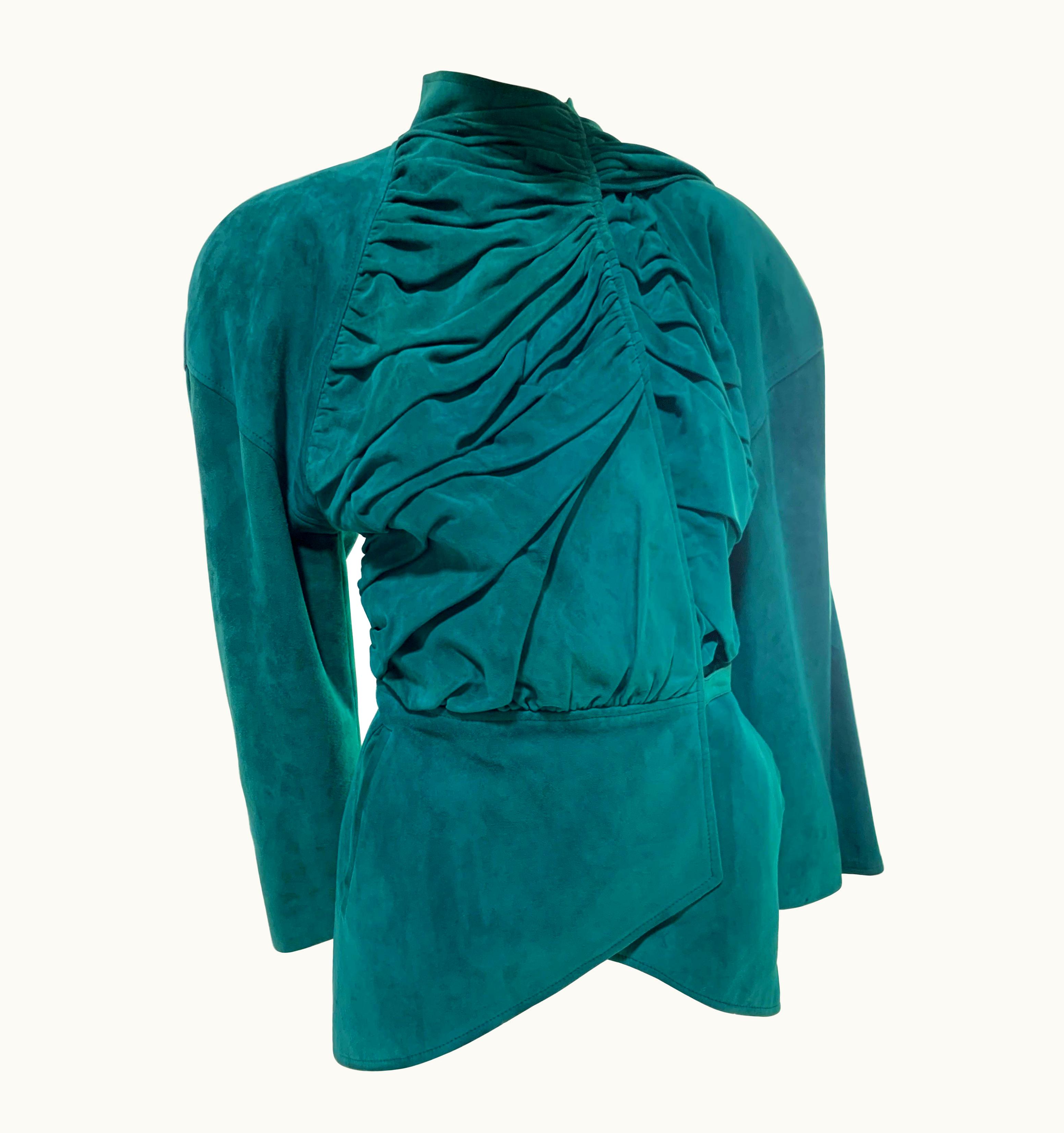 Jean-Claude Jitrois 1980s Jean Claude Jitrois Emerald Suede Jacket WS/S Gathered Front & Large Foulard