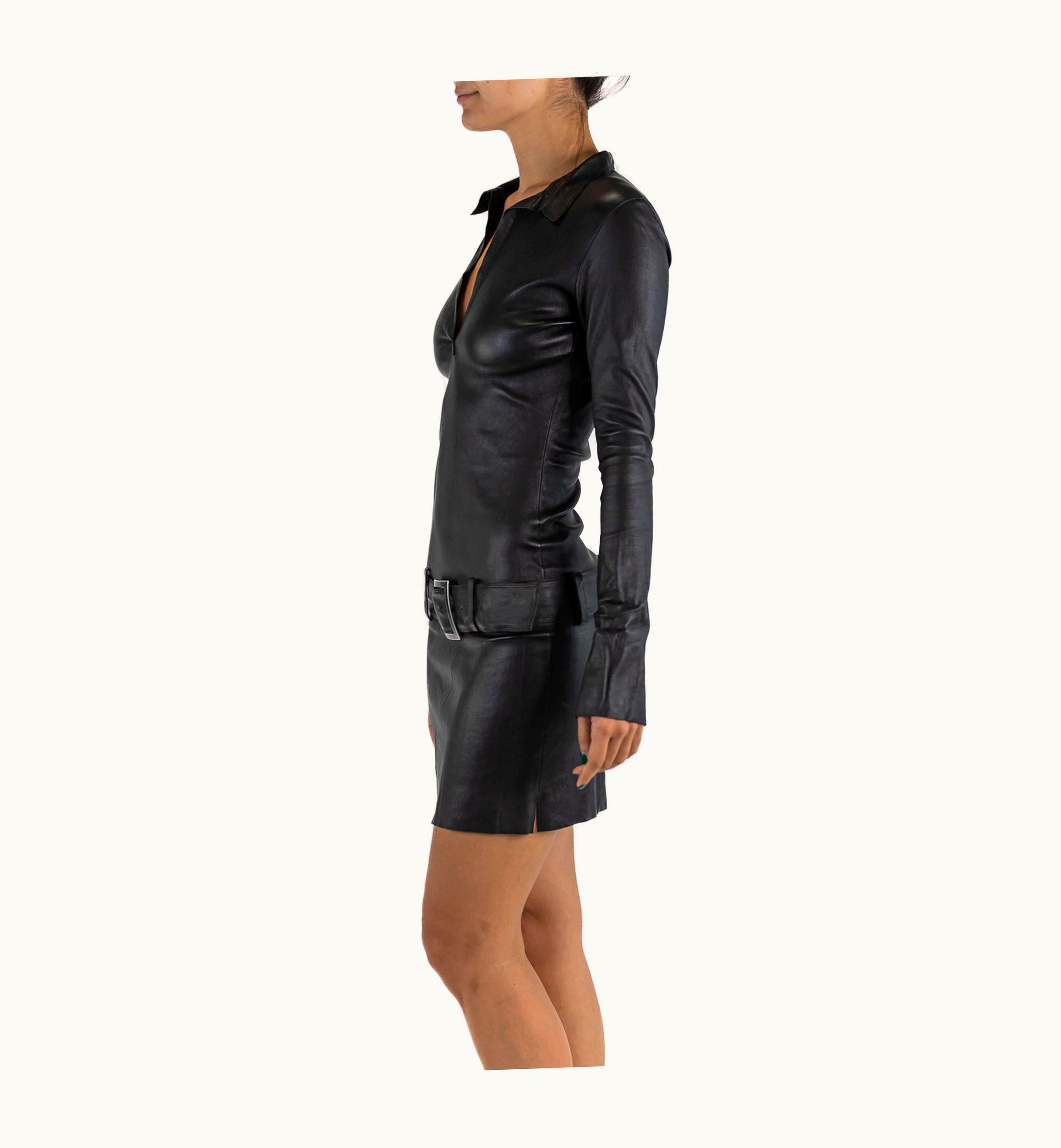 Jean-Claude Jitrois 2000s Jitrois Black Stretch Leather Long Sleeve & Low Cut Mini Dress With Belt