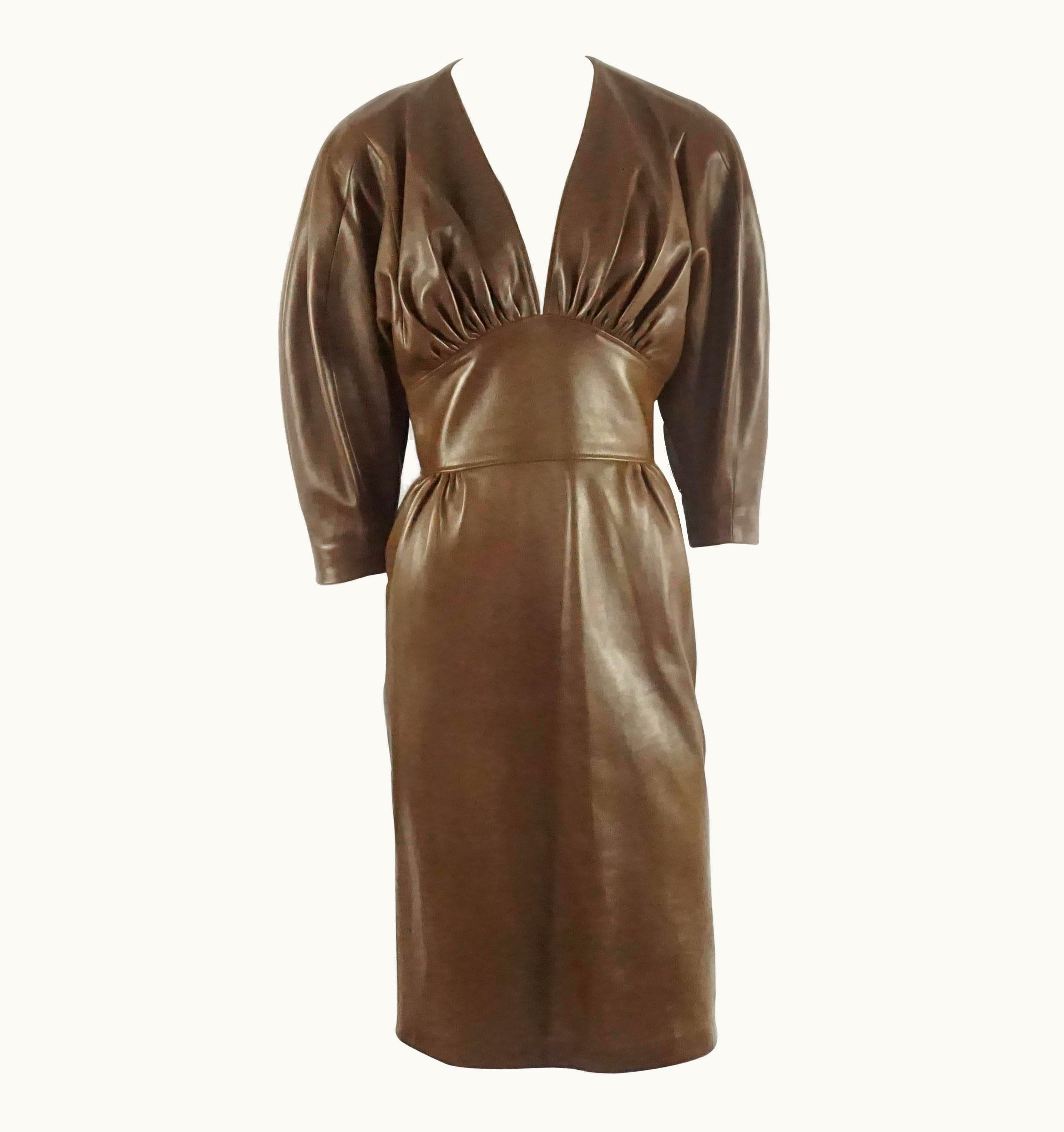 Jean-Claude Jitrois Jean Claude Jitrois Brown Leather Long Sleeve Dress - 6 - Circa 1980'