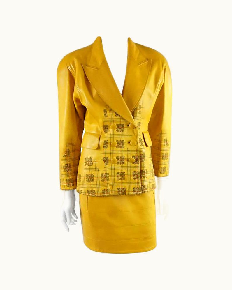 Jean-Claude Jitrois Jean Claude Jitrois Yellow Leather Skirt Suit With Stitched Design
