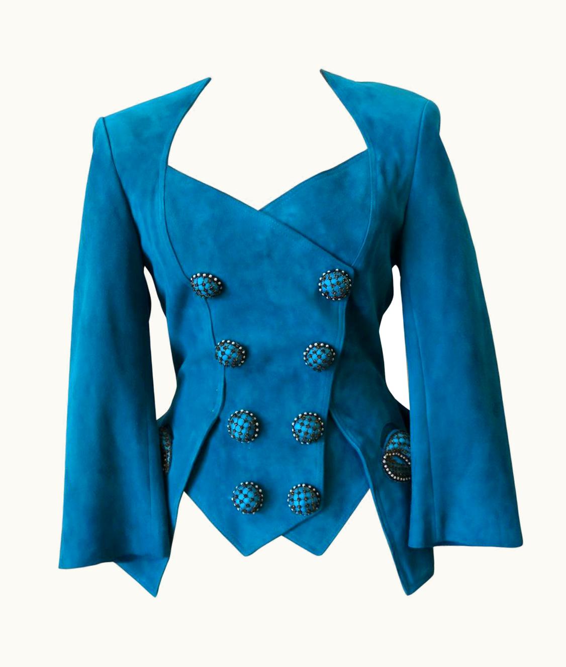 Jean-Claude Jitrois Jean Claude Jitrois 1980s Embellished Teal Leather Blazer