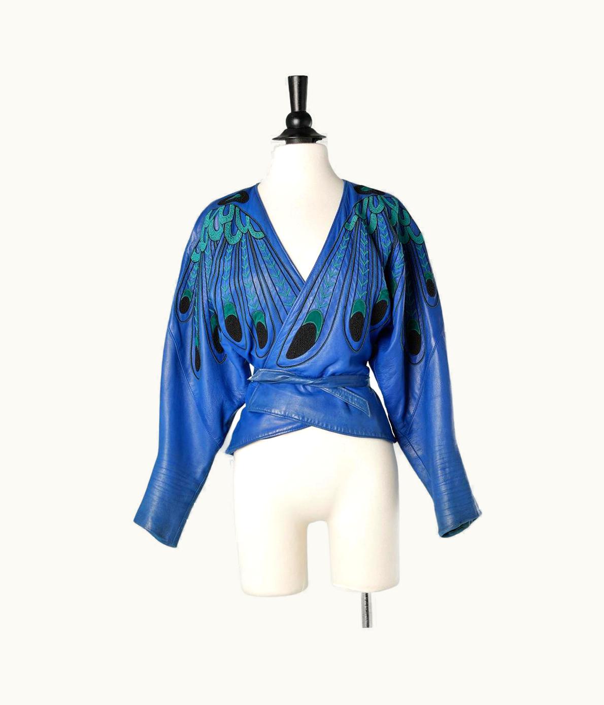 Jean-Claude Jitrois Blue Leather Wrap Jacket With Feathers Embroideries Jean-Claude Jitrois