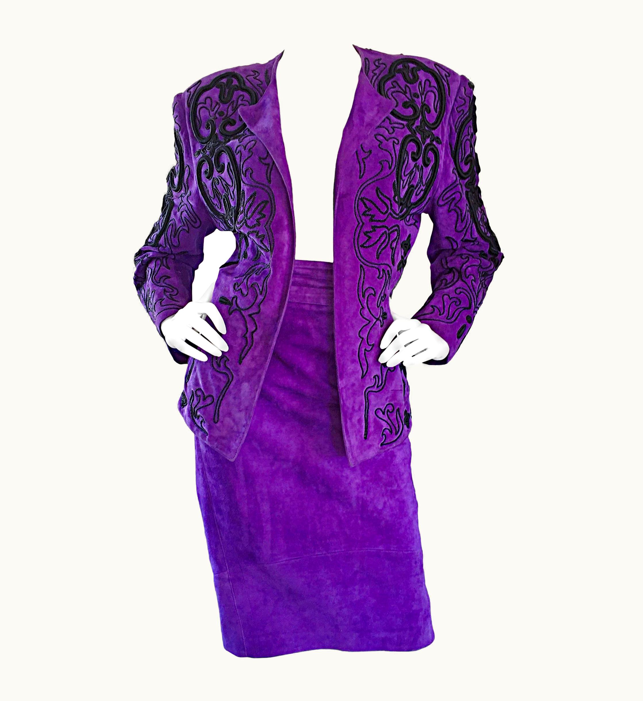 Jean-Claude Jitrois Jean Claude Jitrois Couture Leather Custom Made Purple Lesage Beaded Skirt Suit