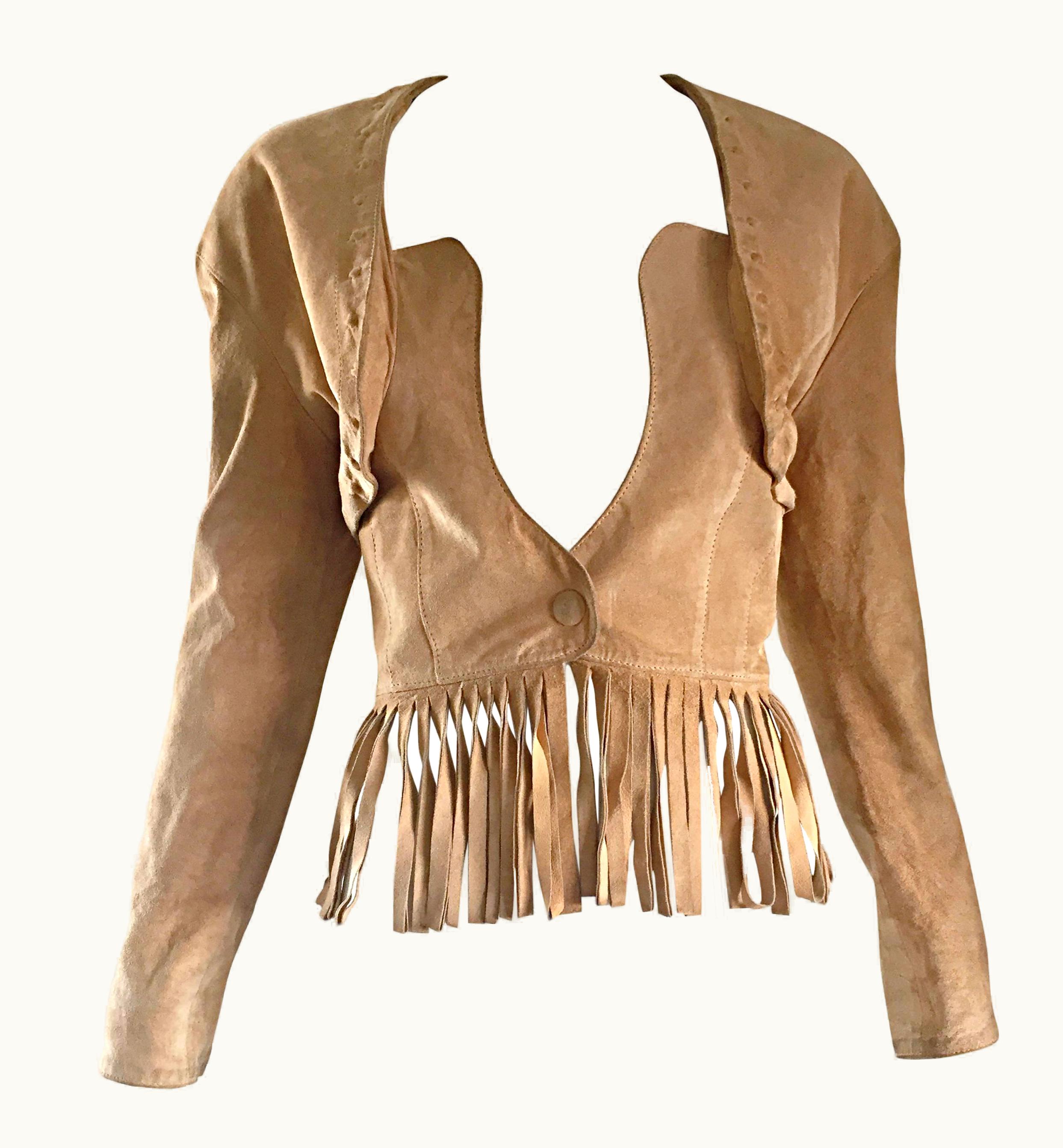 Jean-Claude Jitrois Vintage Jean Claude Jitrois 1990s Tan Beige Leather Suede Fringe Bustier Jacket