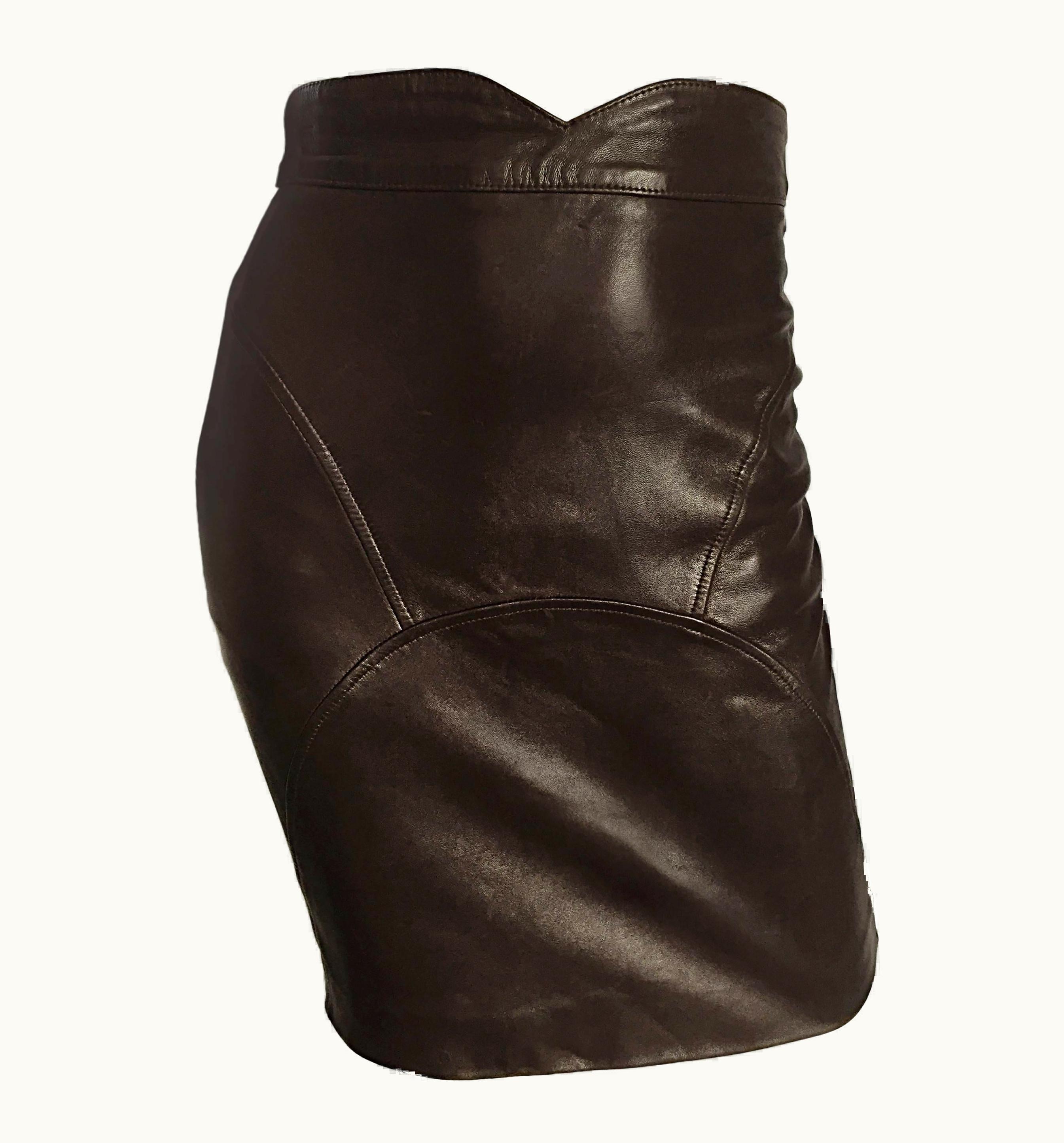 Jean-Claude Jitrois 90s Jean Claude Jitrois Vintage Chocolate Brown Leather Sexy BodyCon Mini Skirt