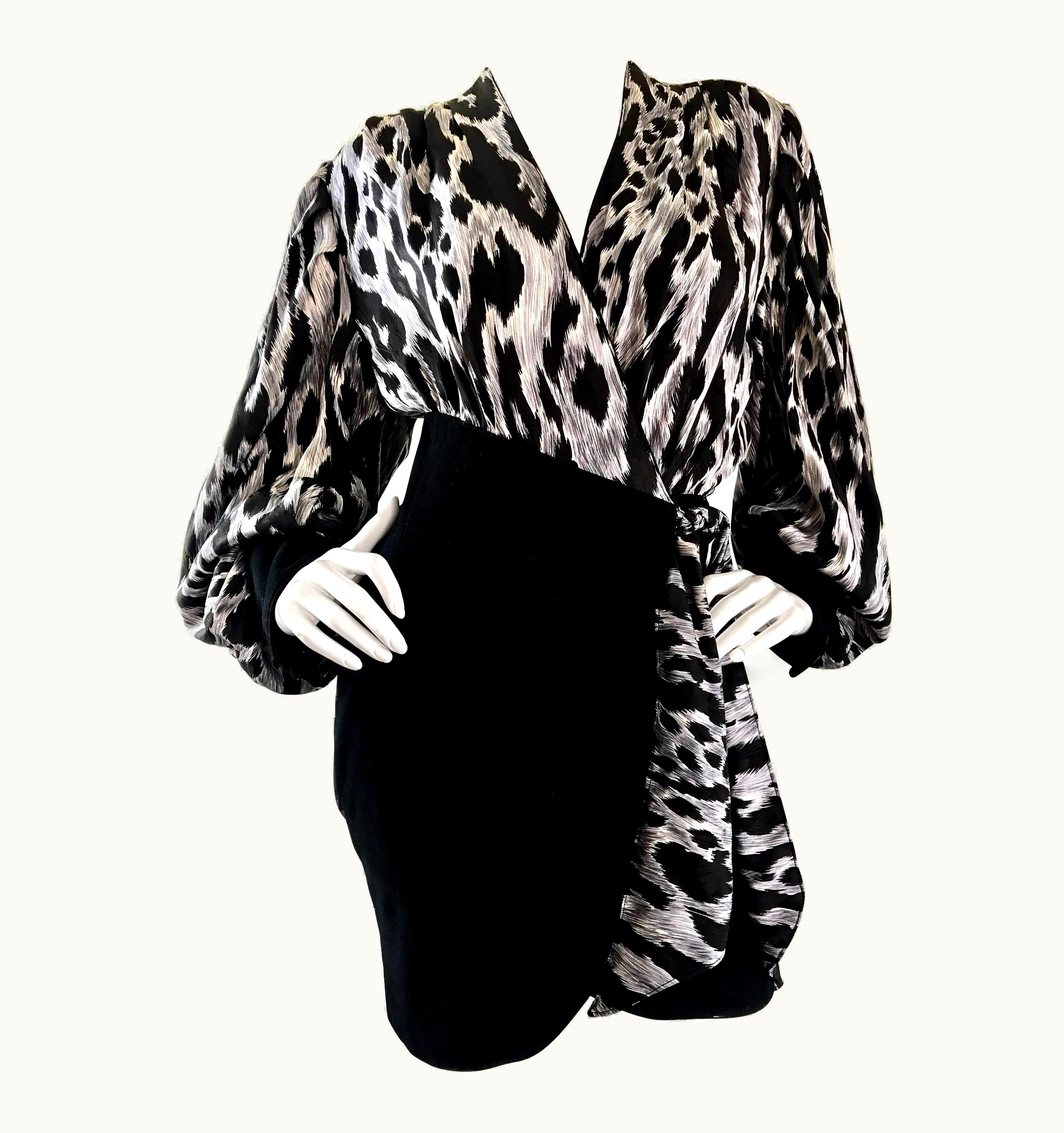 Jean-Claude Jitrois 90s Jean Claude Jitrois Black And White Leopard Print Leather + Silk Mini Dress