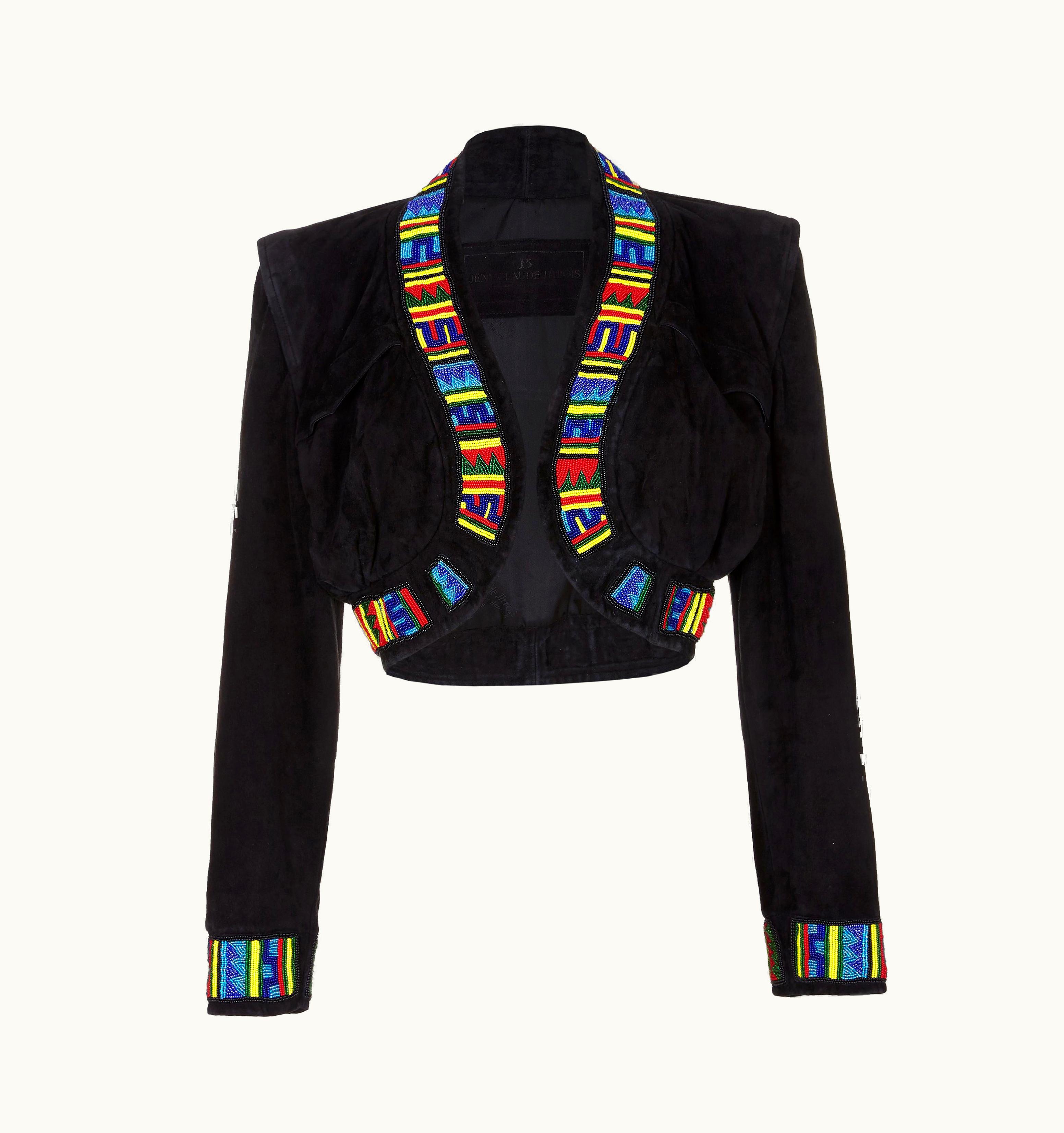Jean-Claude Jitrois 1990s Jean Claude Jitrois Black Suede & Masai Design Beaded Bolero Jacket