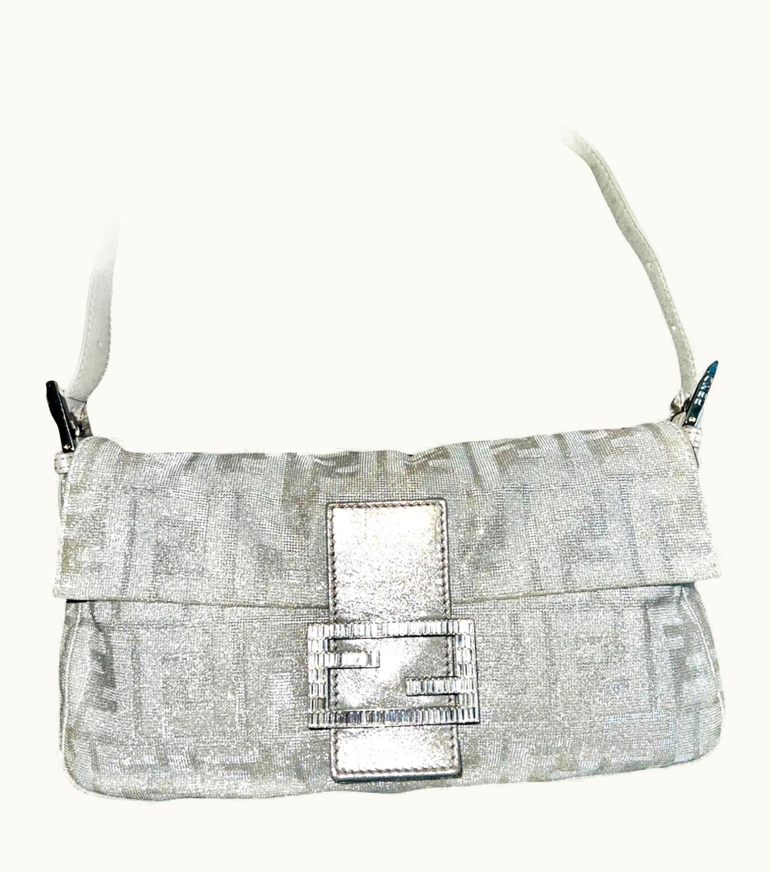 Fendi Fendi Sparkling Silver Metallic Ff Zucca Logo Baguette Handbag