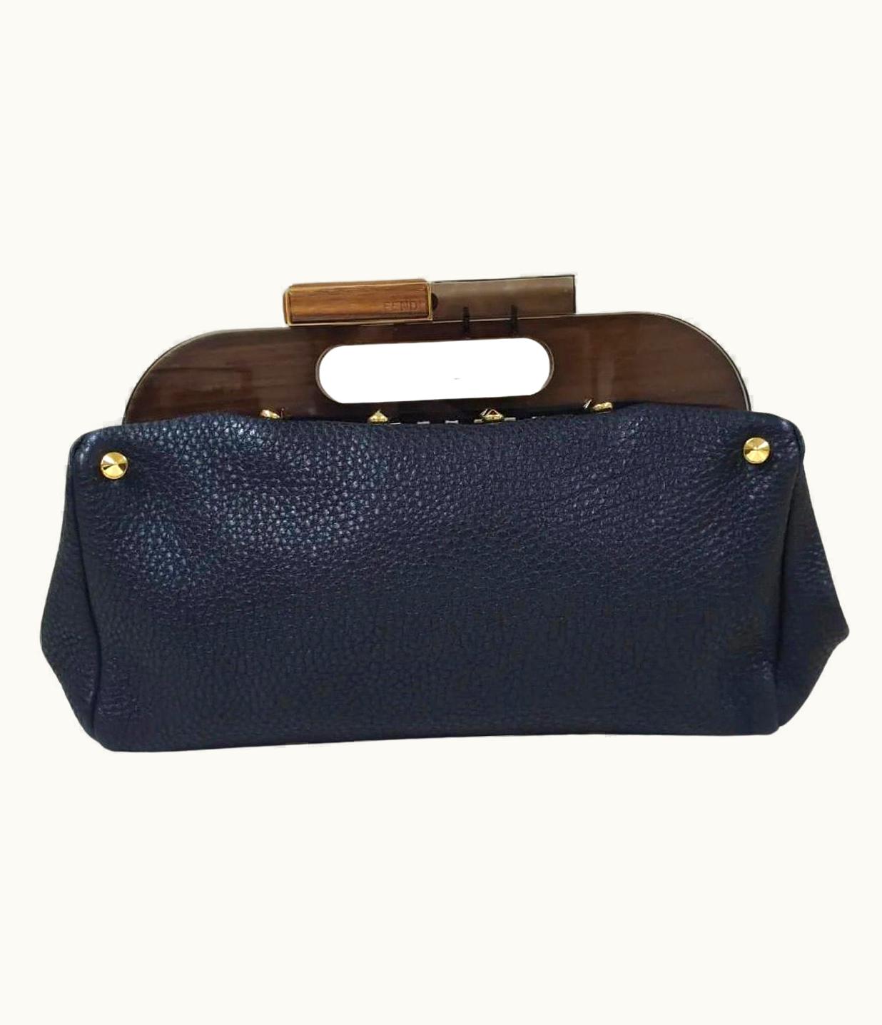 Fendi Fendi Black Leather Walnut Wood Handle Clutch Bag