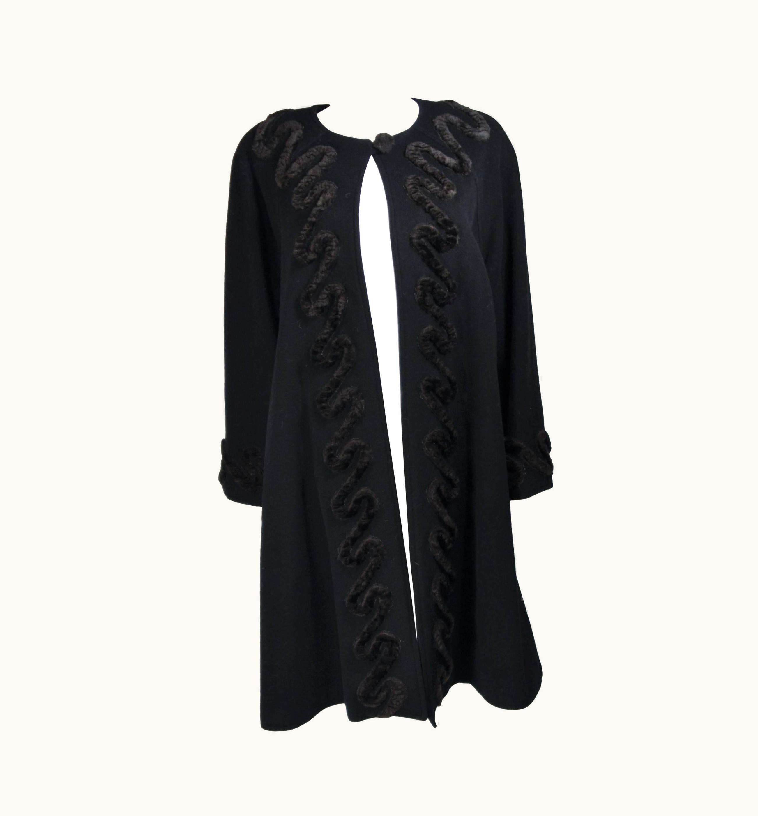 Fendi Fendi Circa 1980' Black Lana Wool With Faux Fur Applique Coat