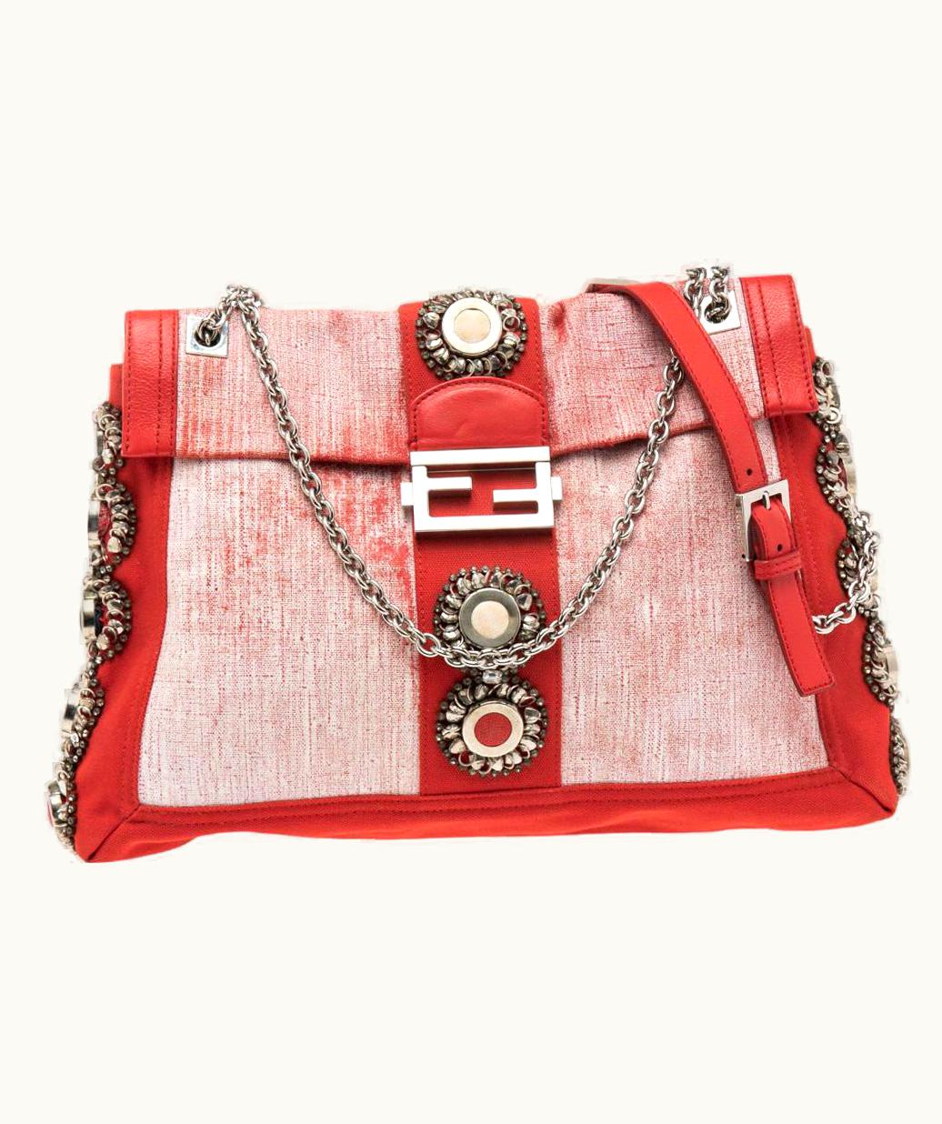Fendi Fendi Maxi Baguette Embellished Shoulder Bag Red/White
