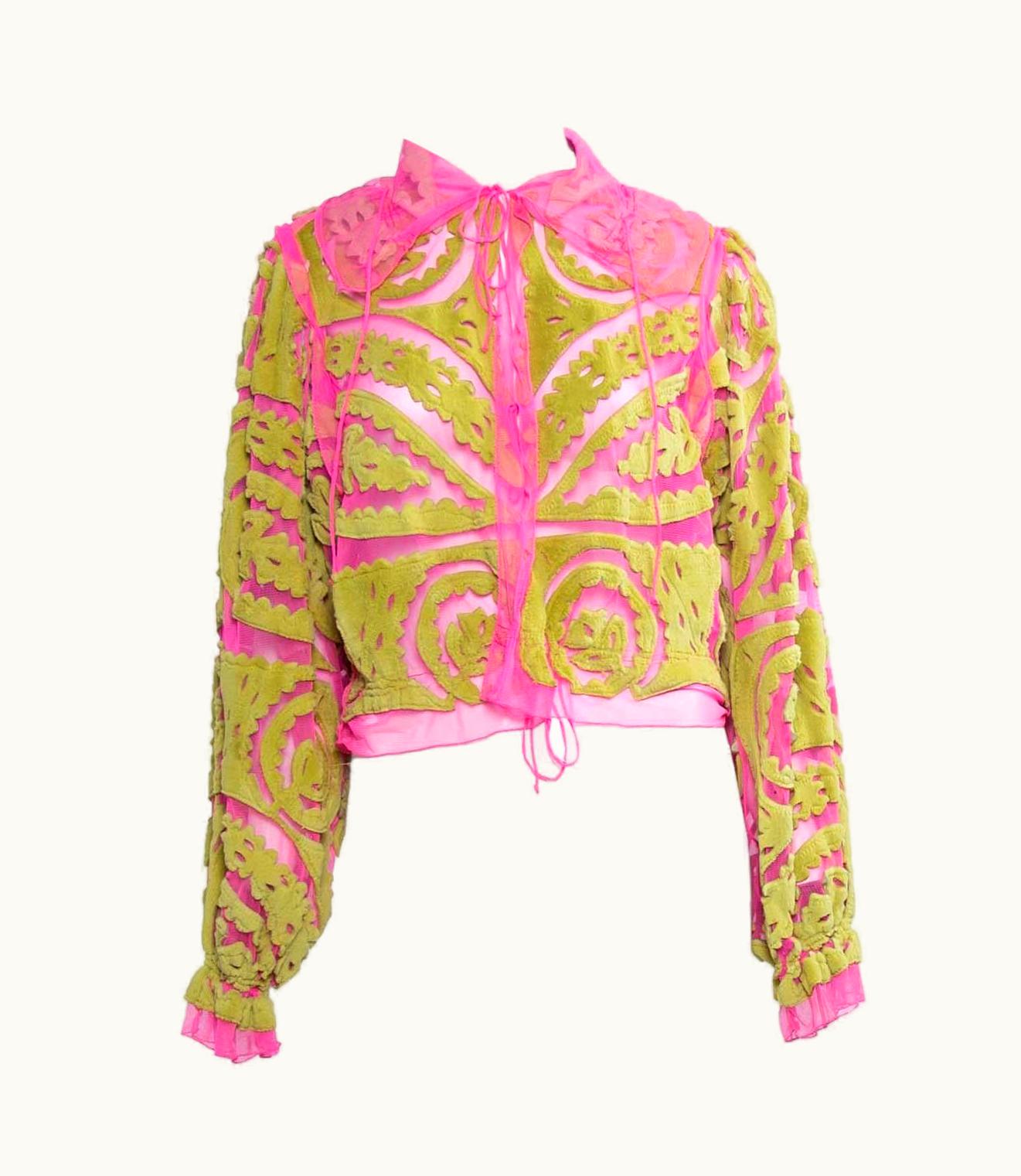 Fendi S/S 2000 Fendi By Karl Lagerfeld Neon Pink Blouse With Green Rabbit Fur Accents
